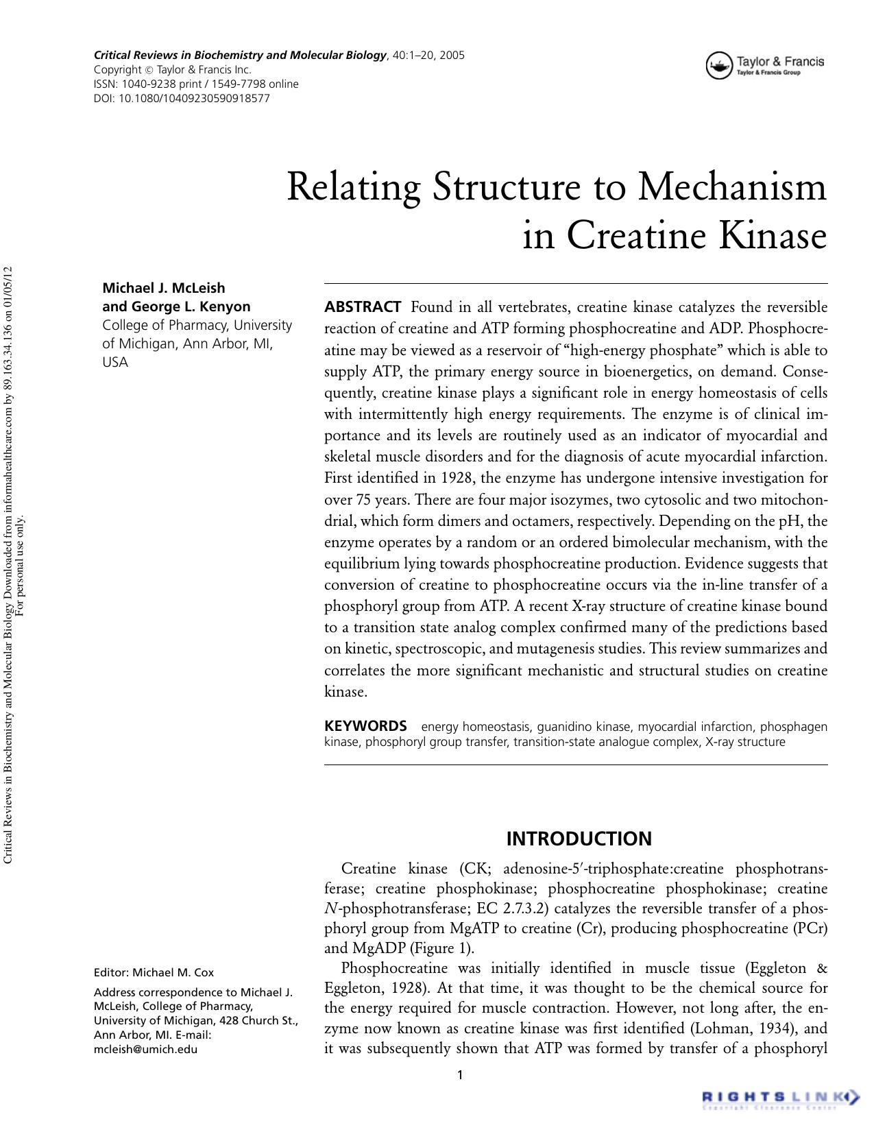Relating Structure to Mechanism in Creatine Kinase by Michael J. McLeish & George L. Kenyon