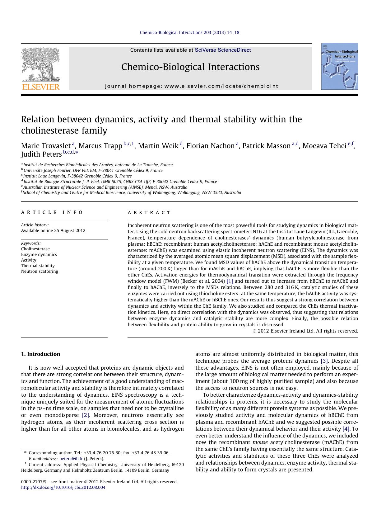 Relation between dynamics, activity and thermal stability within the cholinesterase family by unknow