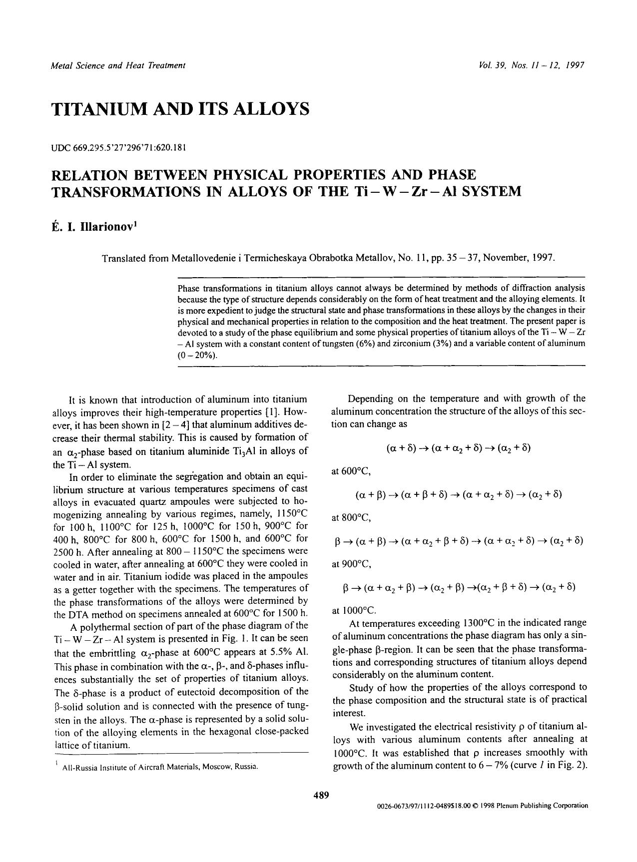 Relation between physical properties and phase transformations in alloys of the Ti−W−Zr−Al system by Unknown