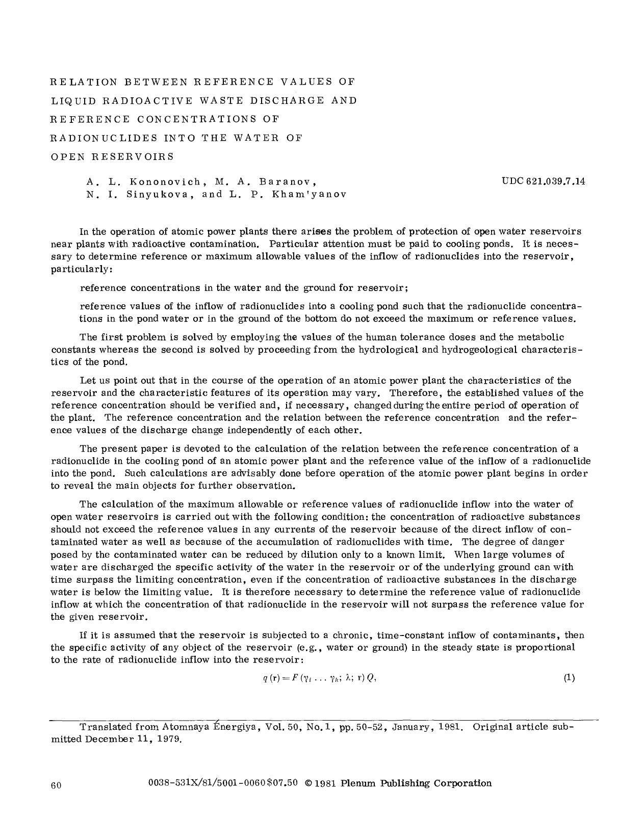 Relation between reference values of liquid radioactive waste discharge and reference concentrations of radionuclides into the water of open reservoirs by Unknown