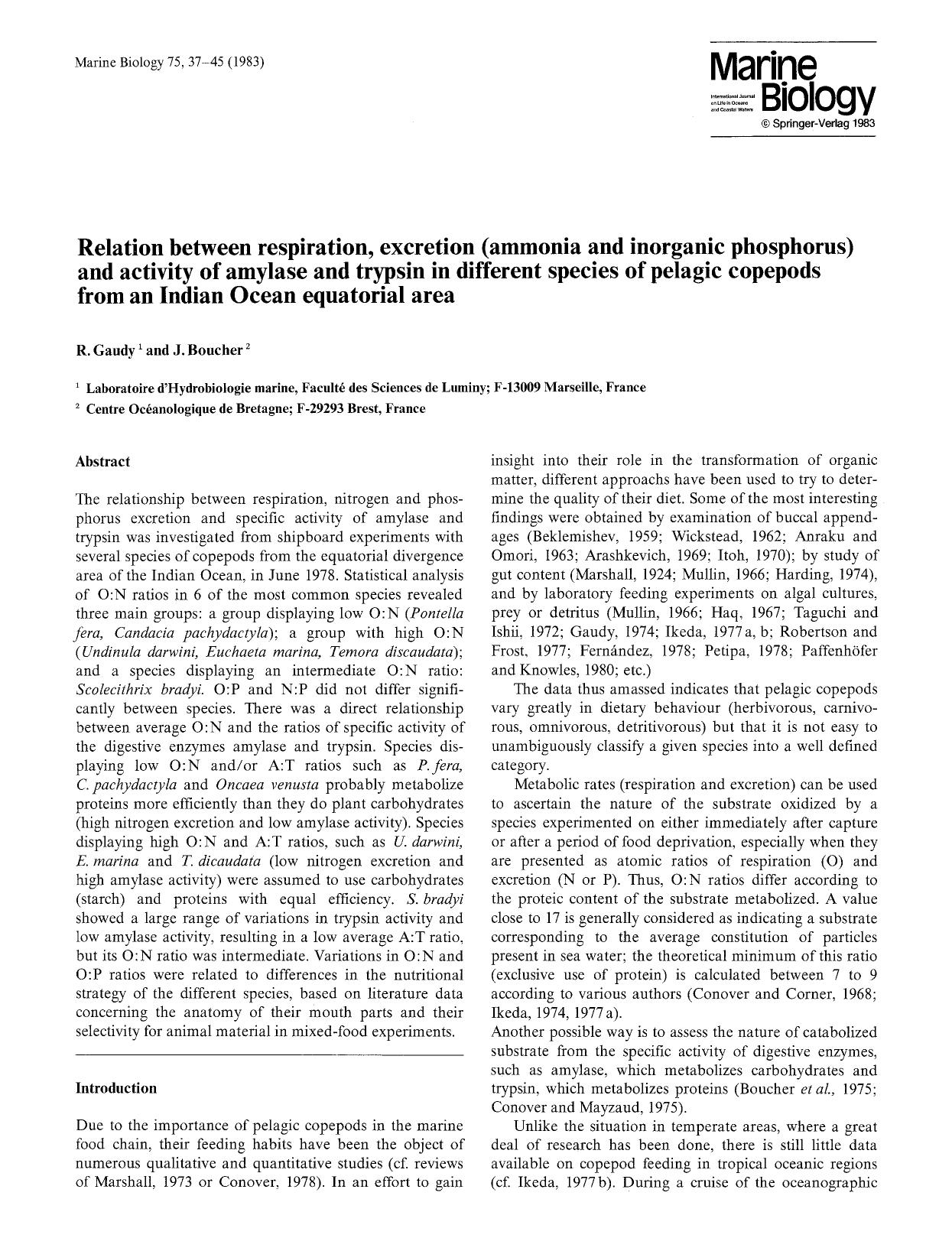 Relation between respiration, excretion (ammonia and inorganic phosphorus) and activity of amylase and trypsin in different species of pelagic copepods from an Indian Ocean equatorial area by Unknown