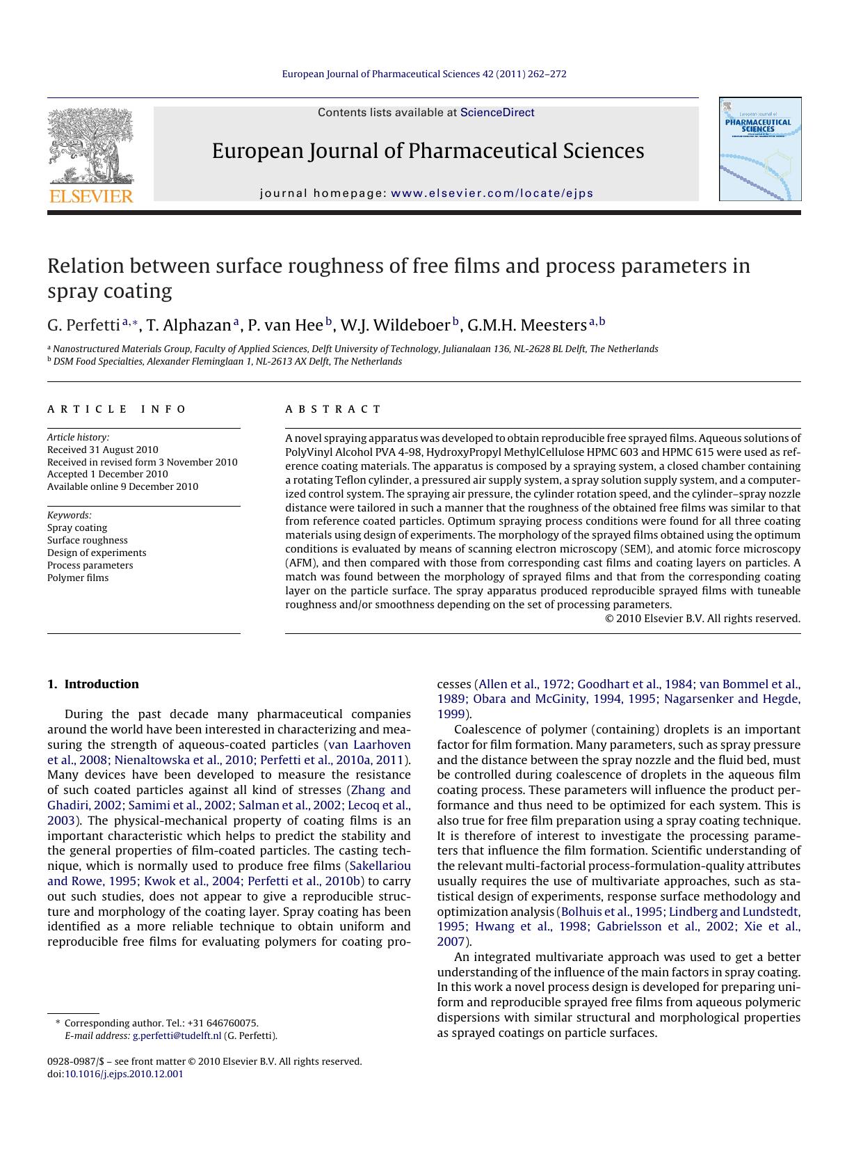 Relation between surface roughness of free films and process parameters in spray coating by G. Perfetti