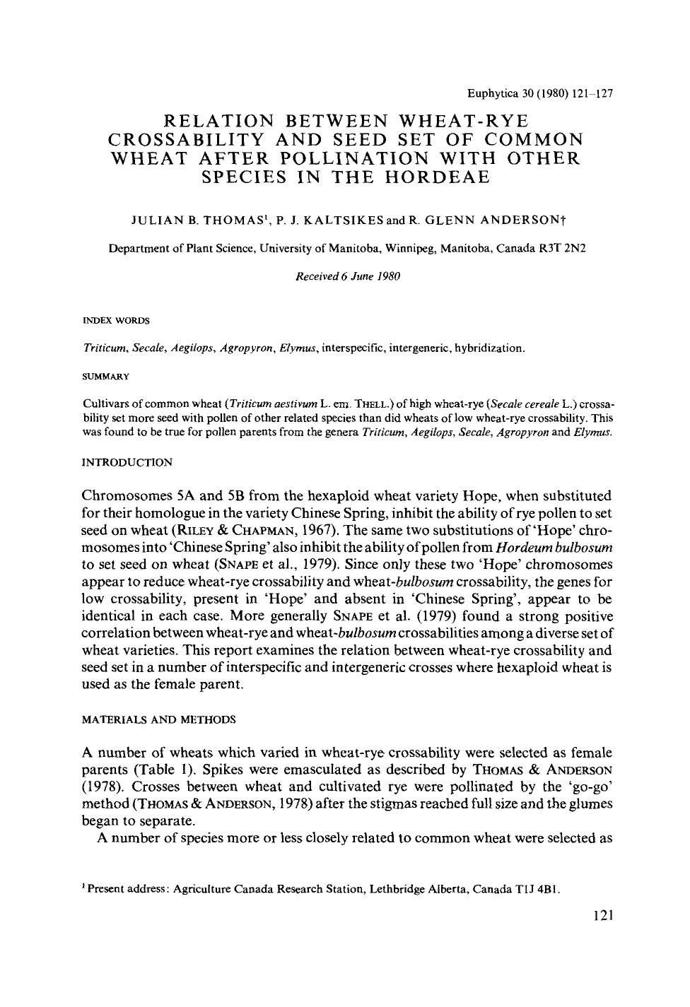Relation between wheat-rye crossability and seed set of common wheat after pollination with other species in the Hordeae by Unknown