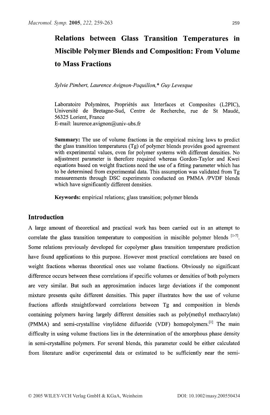 Relations between Glass Transition Temperatures in Miscible Polymer Blends and Composition: From Volume to Mass Fractions by Unknown