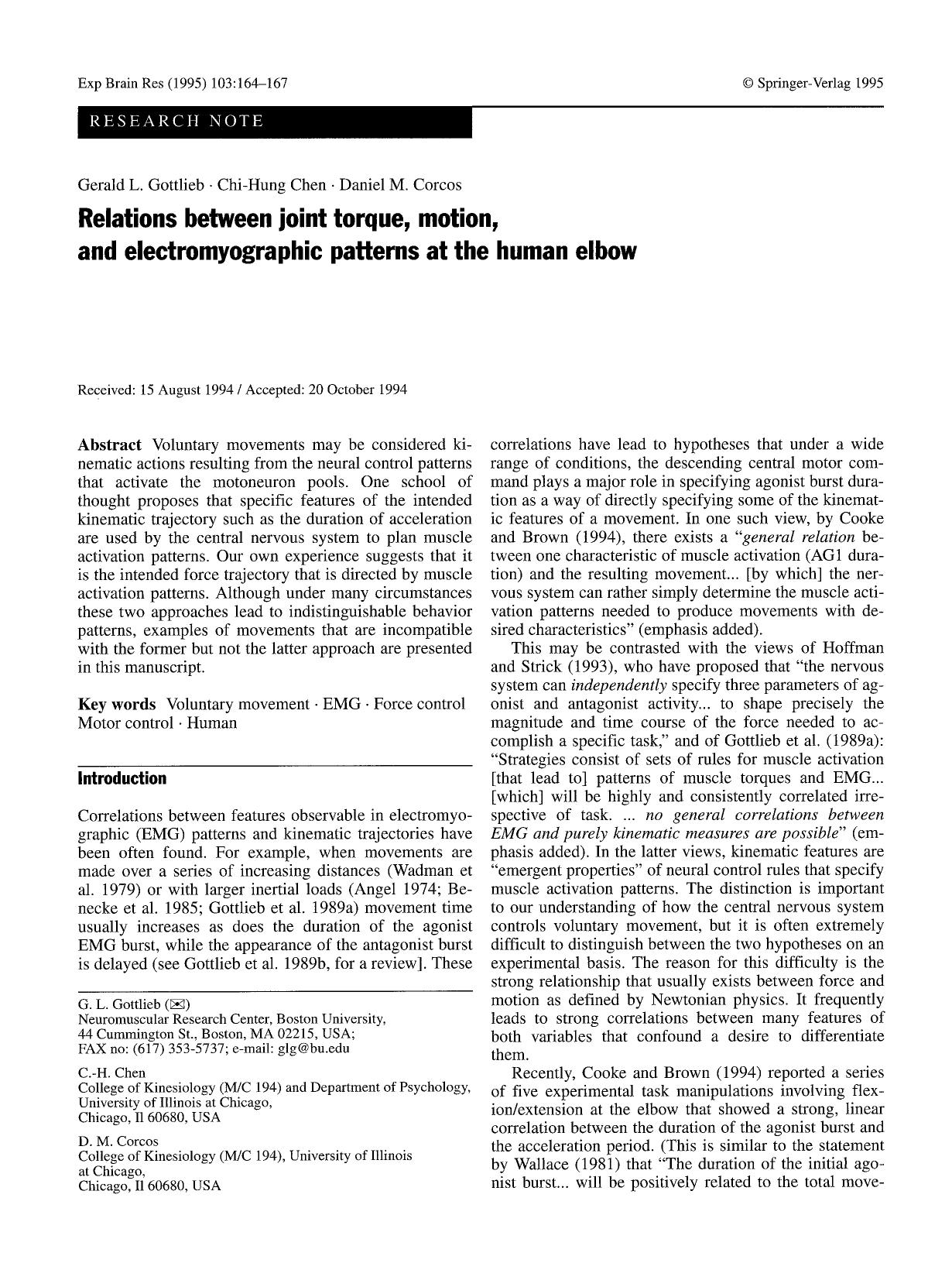 Relations between joint torque, motion, and electromyographic patterns at the human elbow by Unknown