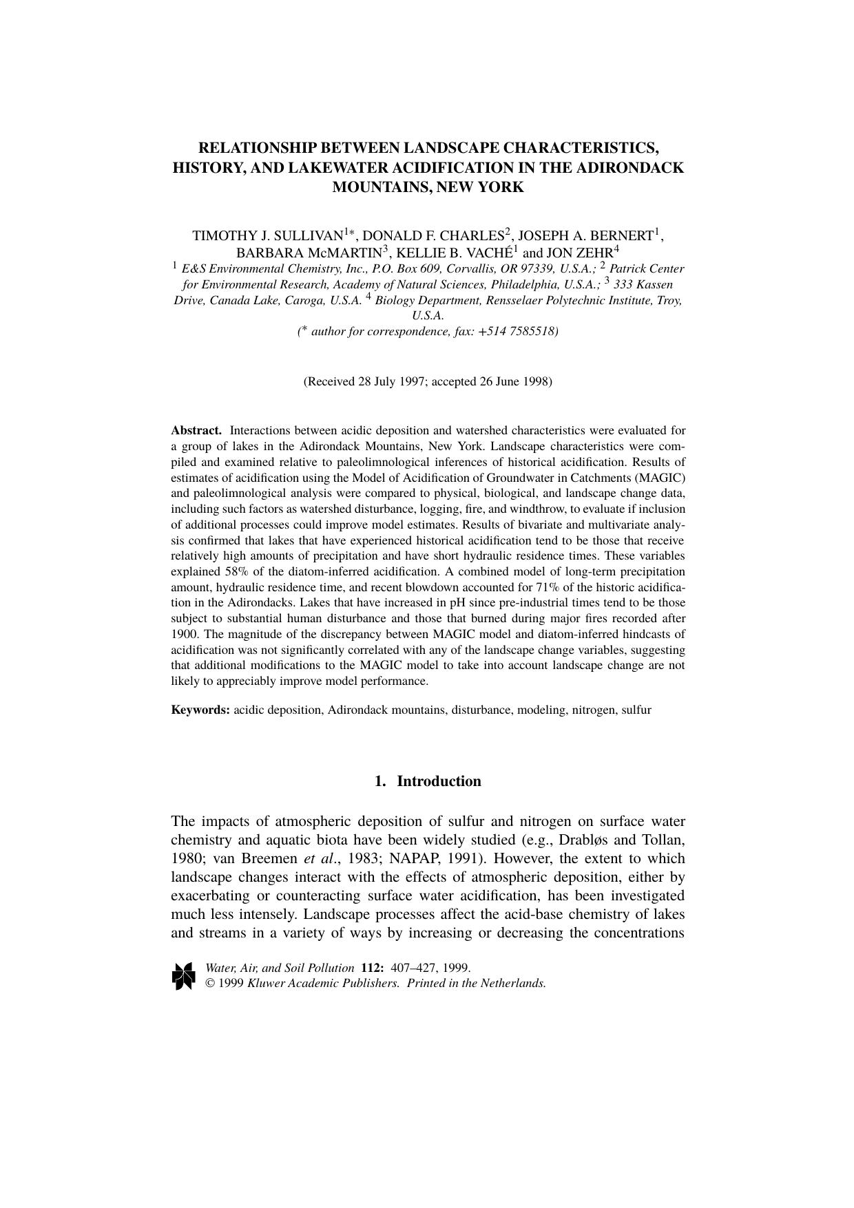 Relationship Between Landscape Characteristics, History, and Lakewater Acidification in the Adirondack Mountains, New York by Unknown