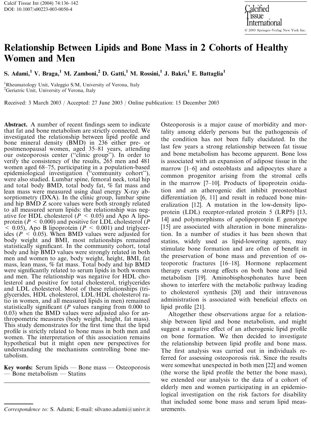 Relationship Between Lipids and Bone Mass in 2 Cohorts of Healthy Women and Men by Adami S. et al