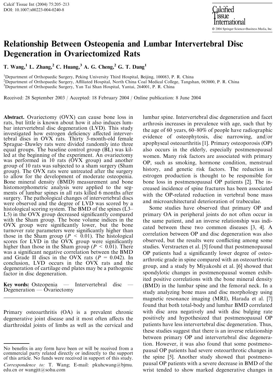 Relationship Between Osteopenia and Lumbar Intervertebral Disc Degeneration in Ovariectomized Rats by Wang T. et al