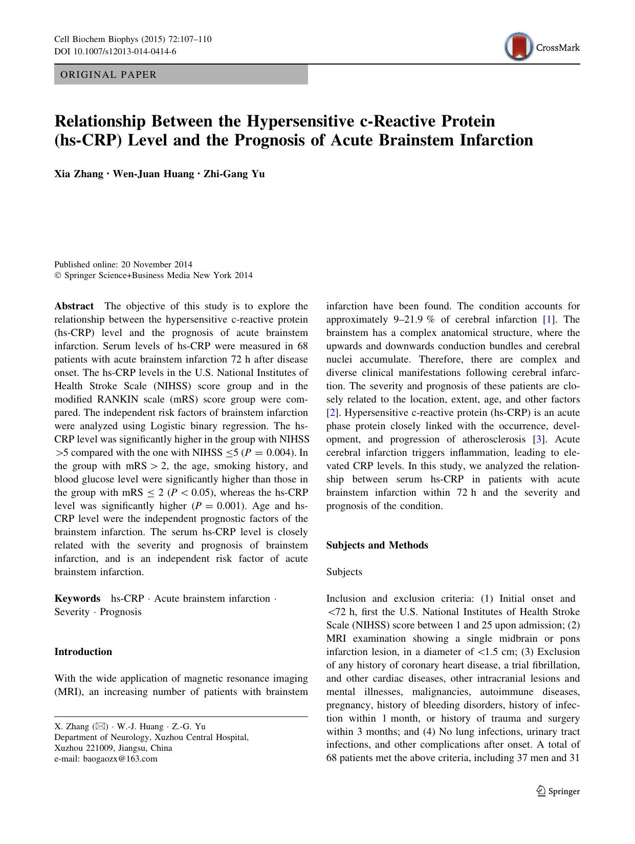 Relationship Between the Hypersensitive c-Reactive Protein (hs-CRP) Level and the Prognosis of Acute Brainstem Infarction by Xia Zhang & Wen-Juan Huang & Zhi-Gang Yu