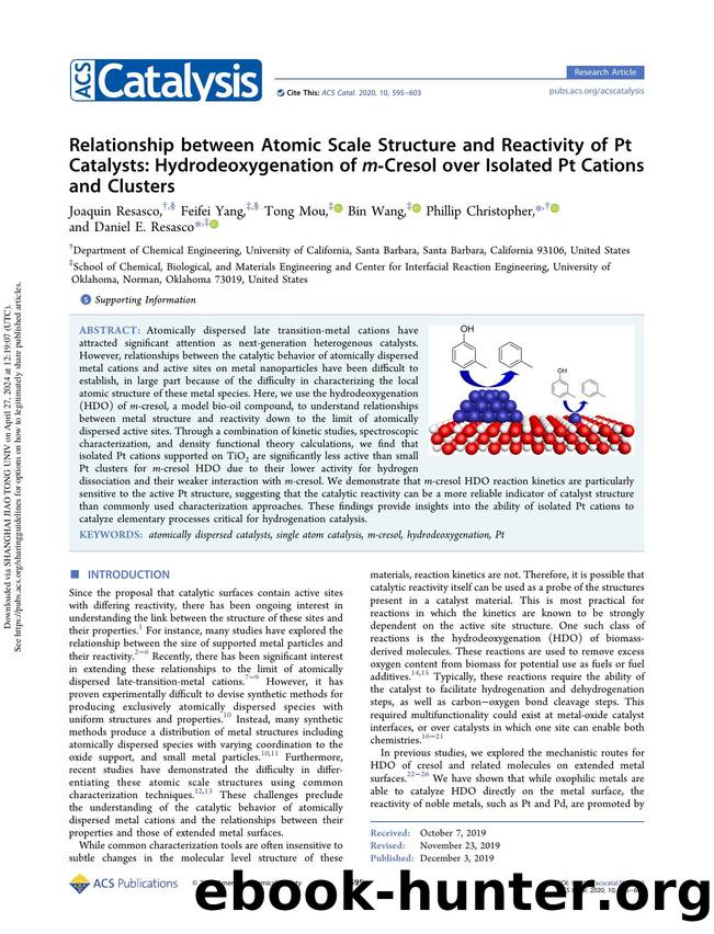 Relationship between Atomic Scale Structure and Reactivity of Pt Catalysts: Hydrodeoxygenation of m-Cresol over Isolated Pt Cations and Clusters by Joaquin Resasco Feifei Yang Tong Mou Bin Wang Phillip Christopher & Daniel E. Resasco