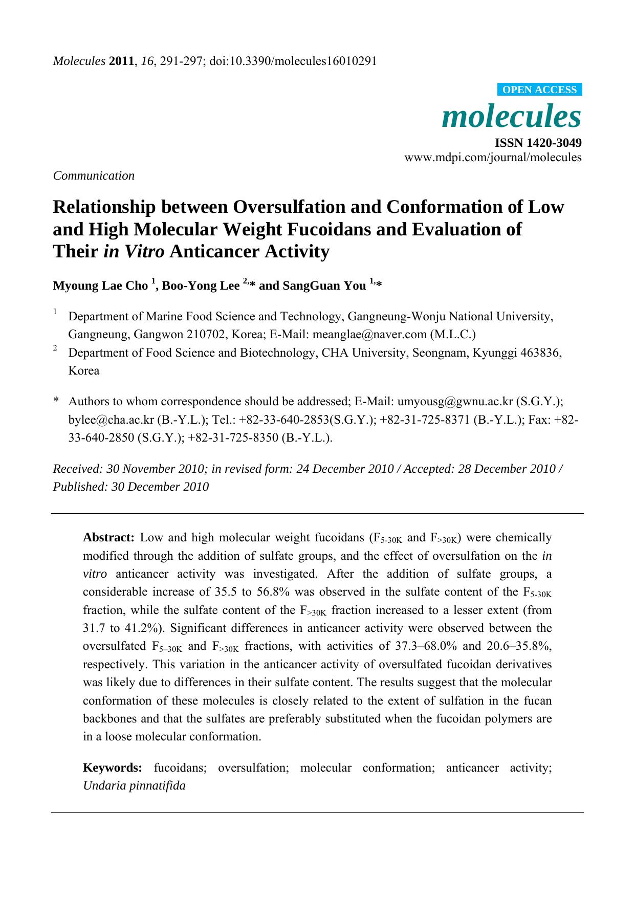 Relationship between Oversulfation and Conformation of Low and High Molecular Weight Fucoidans and Evaluation of Their in Vitro Anticancer Activity by Myoung Lae Cho & Boo-Yong Lee & SangGuan You