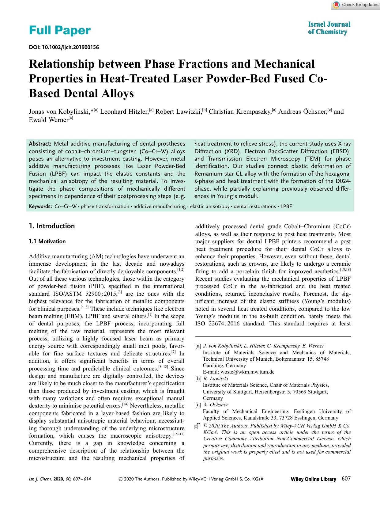 Relationship between Phase Fractions and Mechanical Properties in HeatâTreated Laser PowderâBed Fused CoâBased Dental Alloys by Unknown