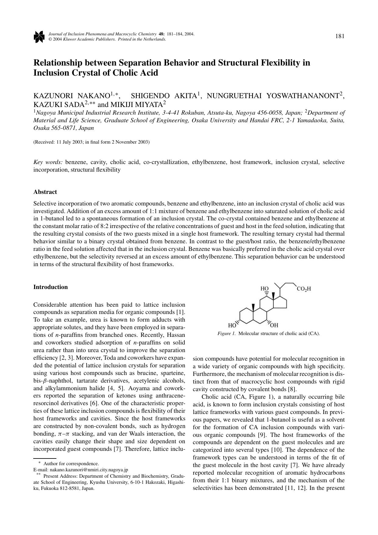 Relationship between Separation Behavior and Structural Flexibility in Inclusion Crystal of Cholic Acid by Unknown