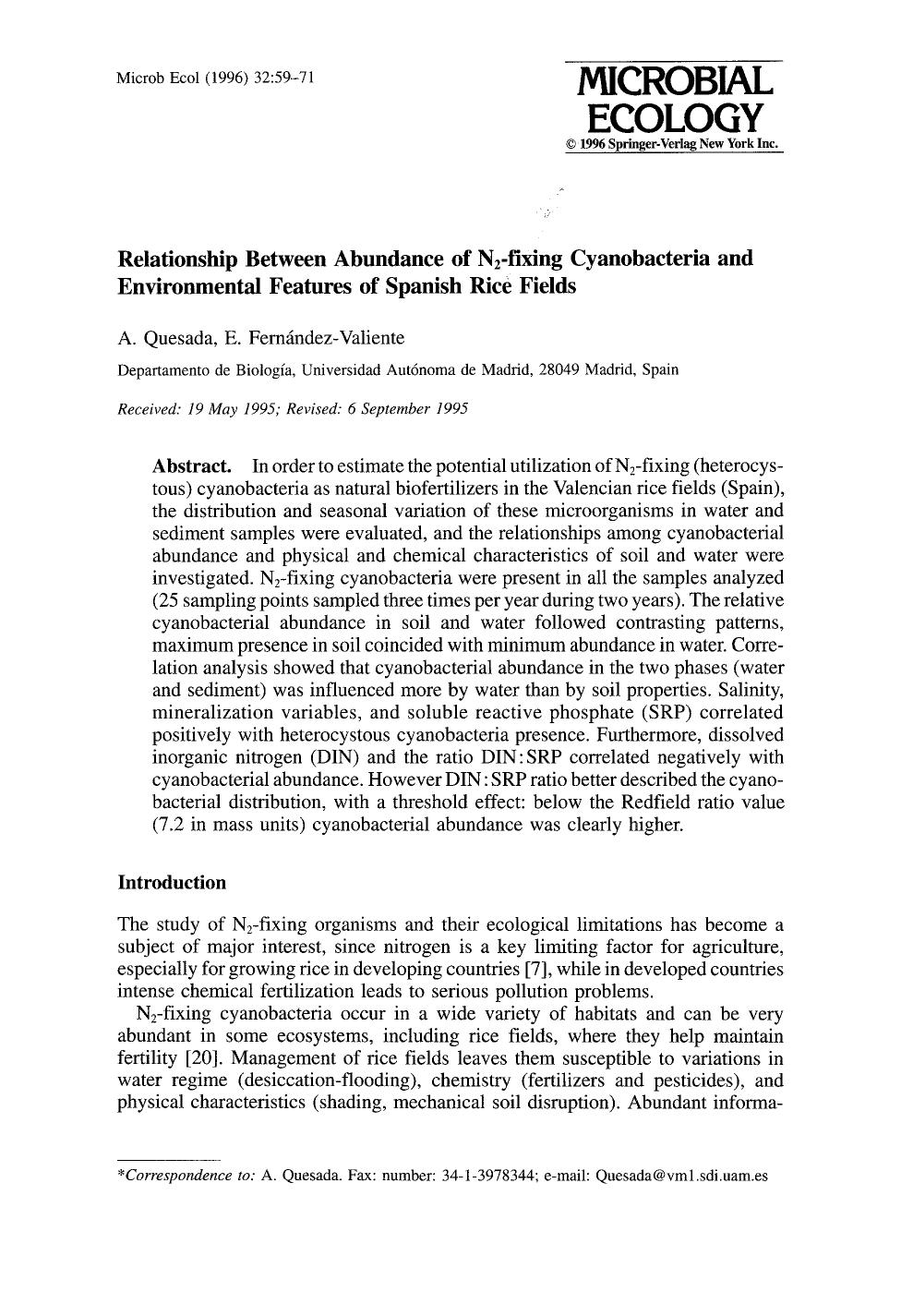 Relationship between abundance of N<Subscript>2<Subscript>-fixing cyanobacteria and environmental features of Spanish rice fields by Unknown