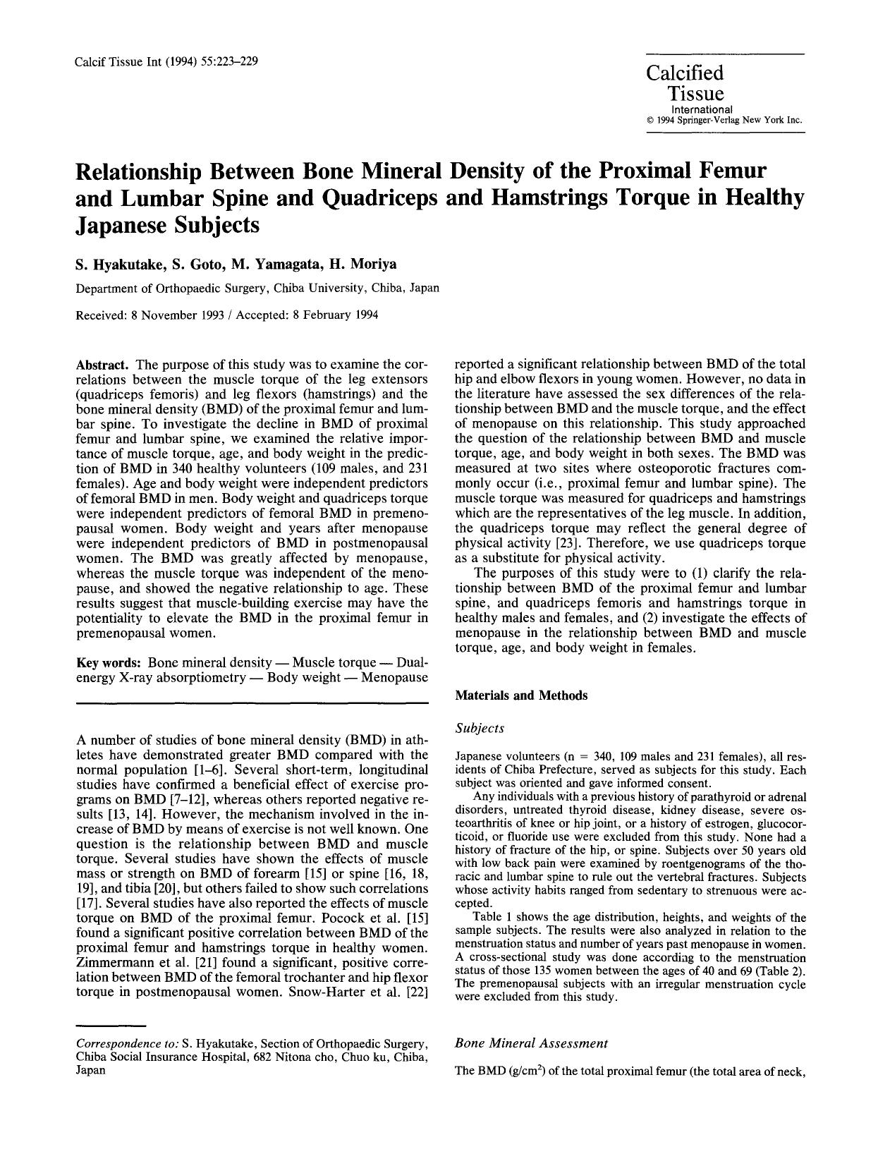 Relationship between bone mineral density of the proximal femur and lumbar spine and quadriceps and hamstrings torque in healthy Japanese subjects by Unknown