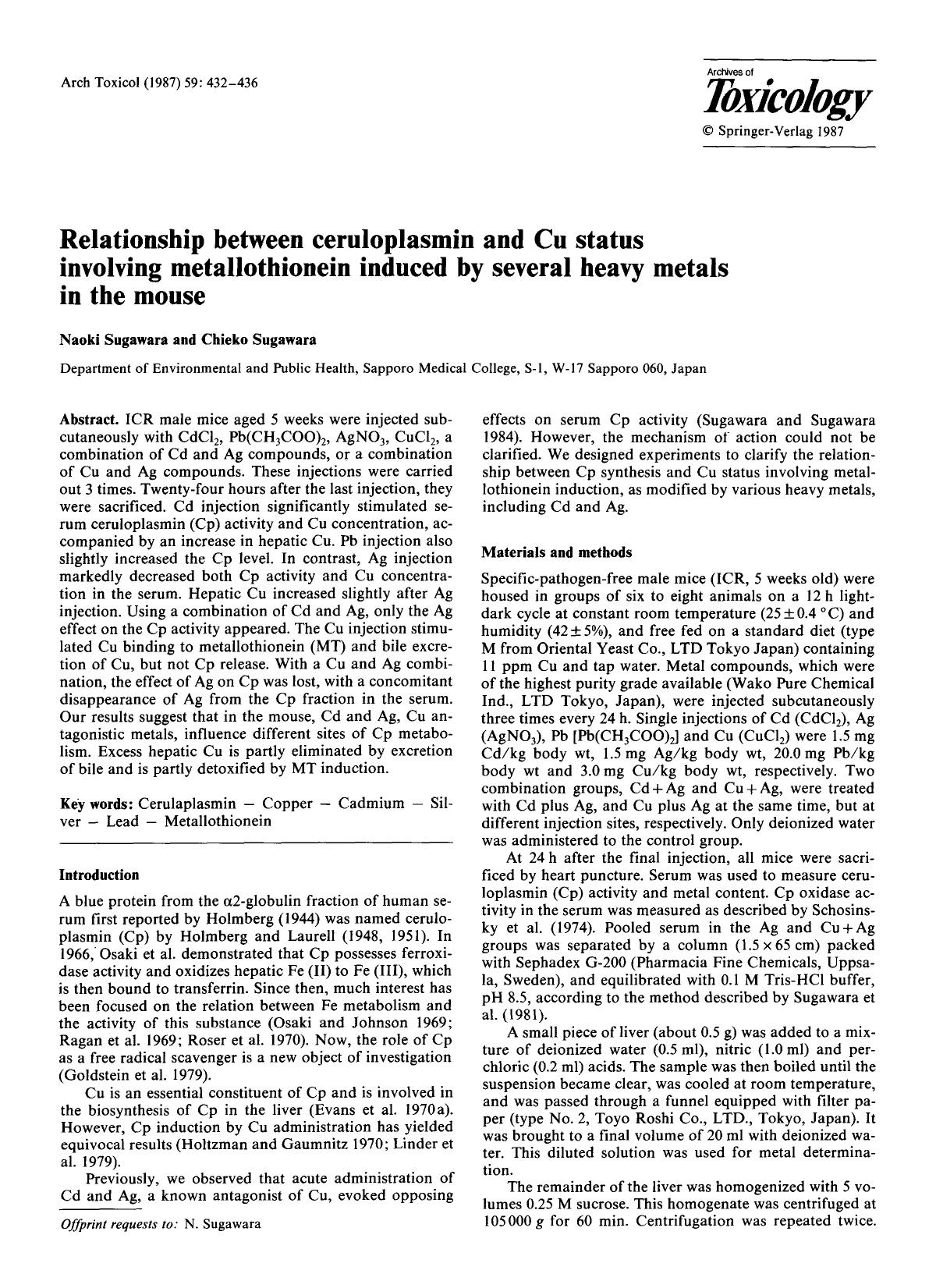 Relationship between ceruloplasmin and Cu status involving metallothionein induced by several heavy metals in the mouse by Unknown
