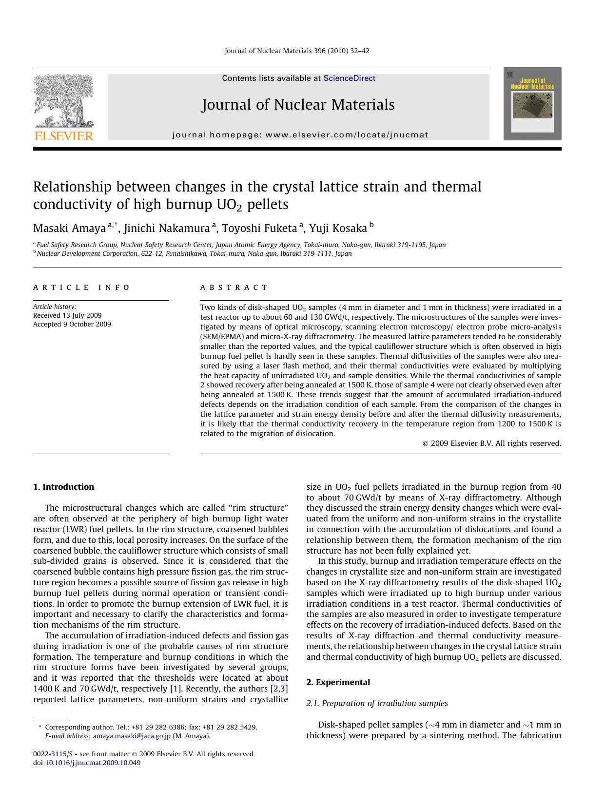 Relationship between changes in the crystal lattice strain and thermal conductivity of high burnup UO2 pellets by Masaki Amaya; Jinichi Nakamura; Toyoshi Fuketa; Yuji Kosaka
