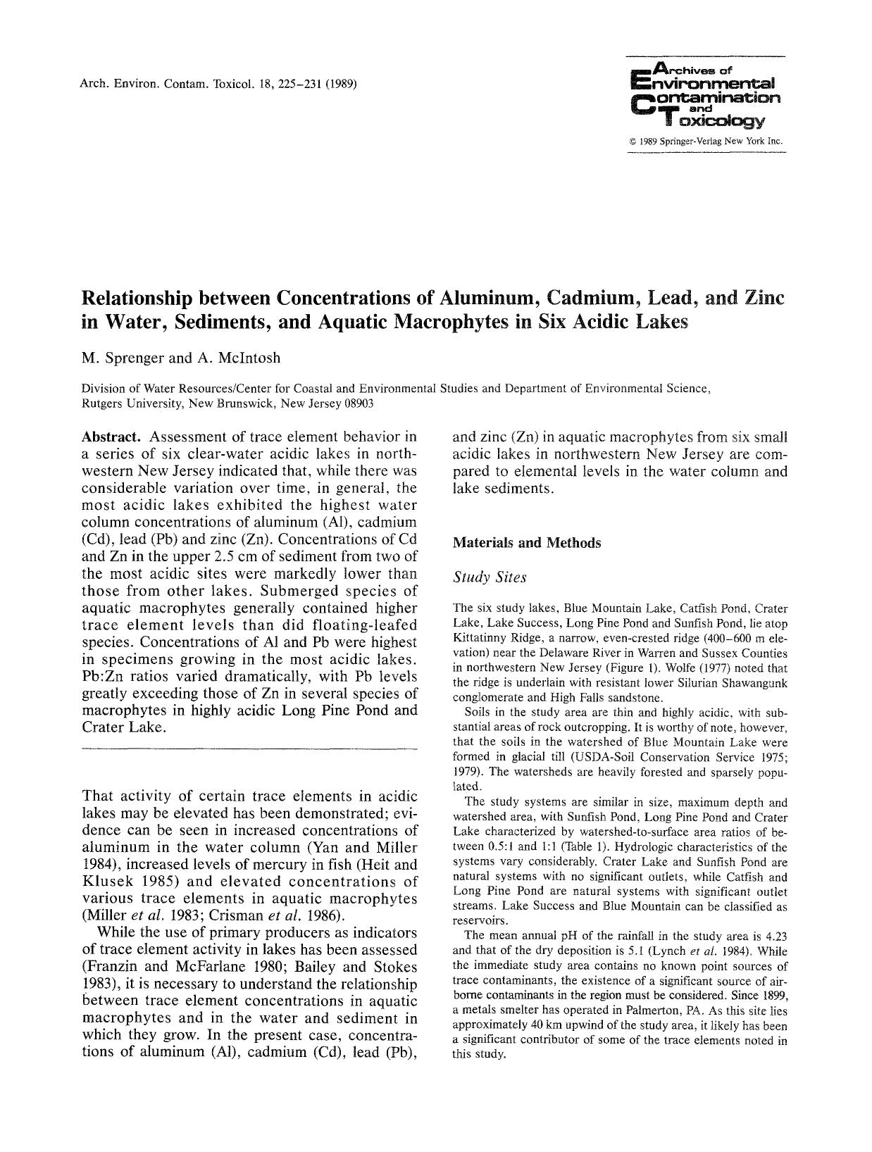 Relationship between concentrations of aluminum, cadmium, lead, and zinc in water, sediments, and aquatic macrophytes in six acidic lakes by Unknown