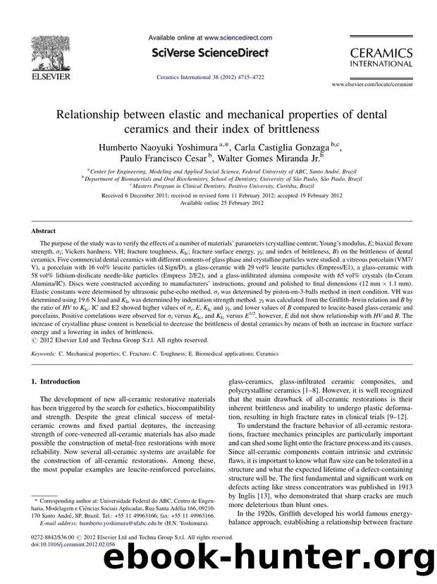 Relationship between elastic and mechanical properties of dental ceramics and their index of brittleness by Humberto Naoyuki Yoshimura