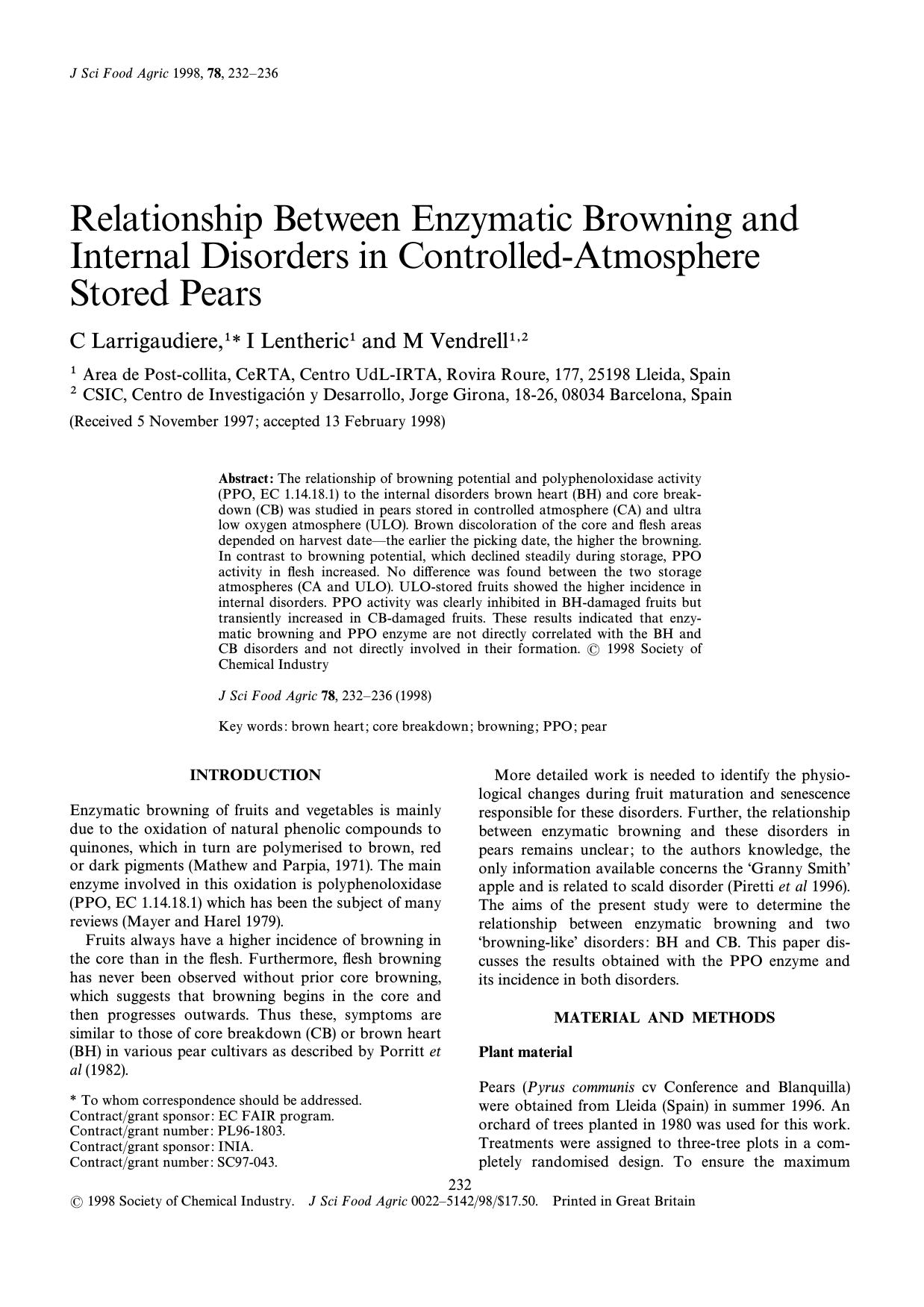Relationship between enzymatic browning and internal disorders in controlled-atmosphere stored pears by Larrigaudiere Lentheric Vendrell