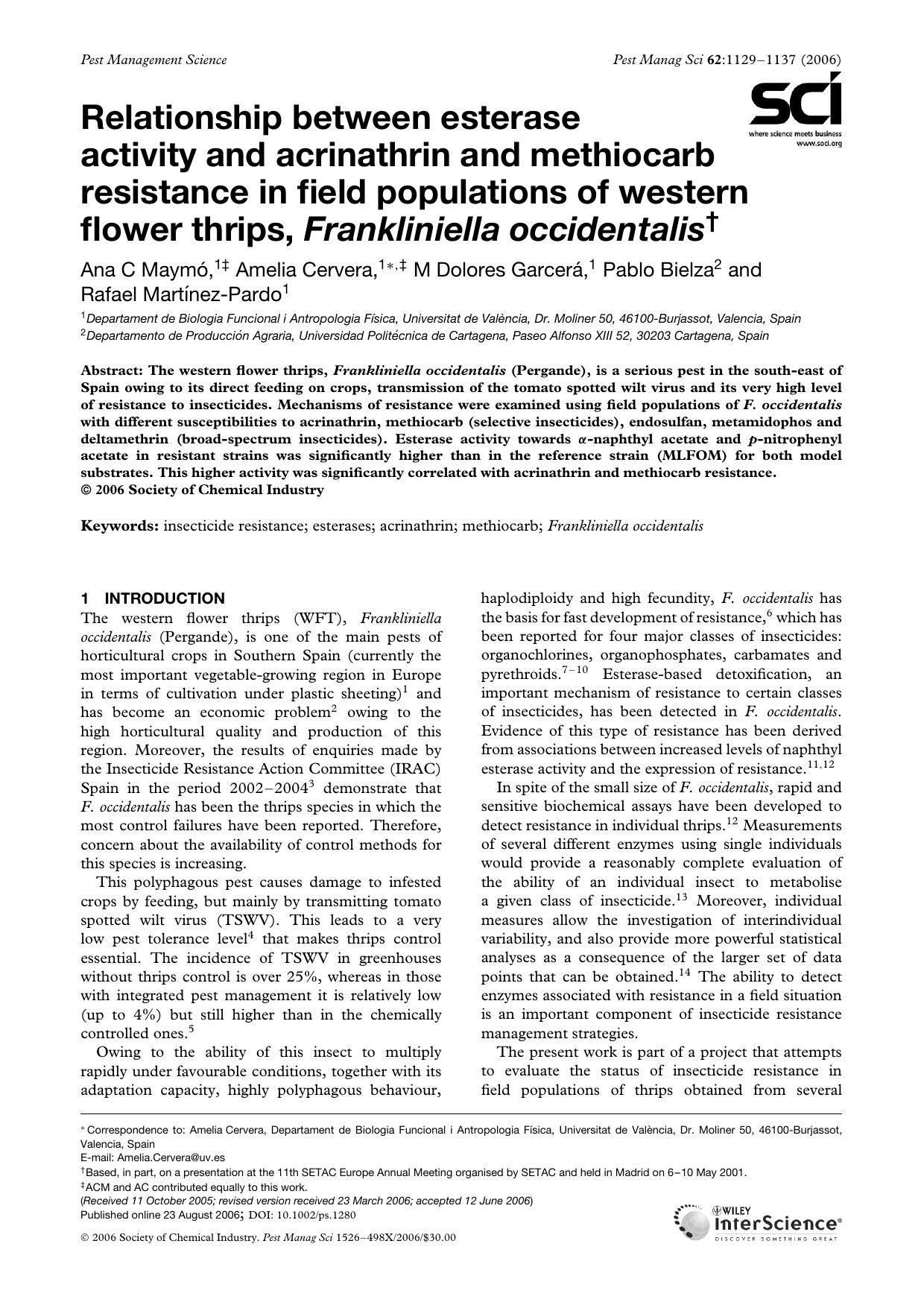 Relationship between esterase activity and acrinathrin and methiocarb resistance in field populations of western flower thrips, Frankliniella occidentalis by Unknown