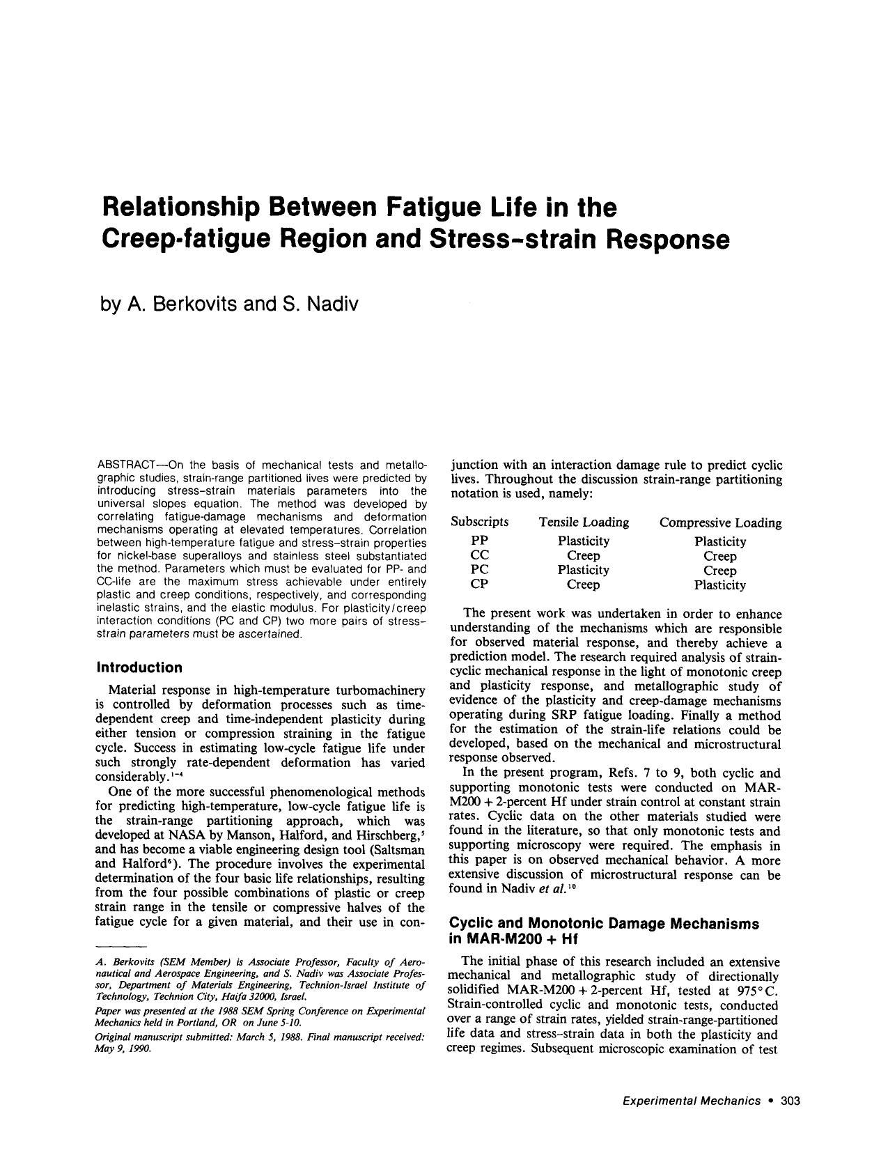 Relationship between fatigue life in the creep-fatigue region and stress-strain response by Unknown