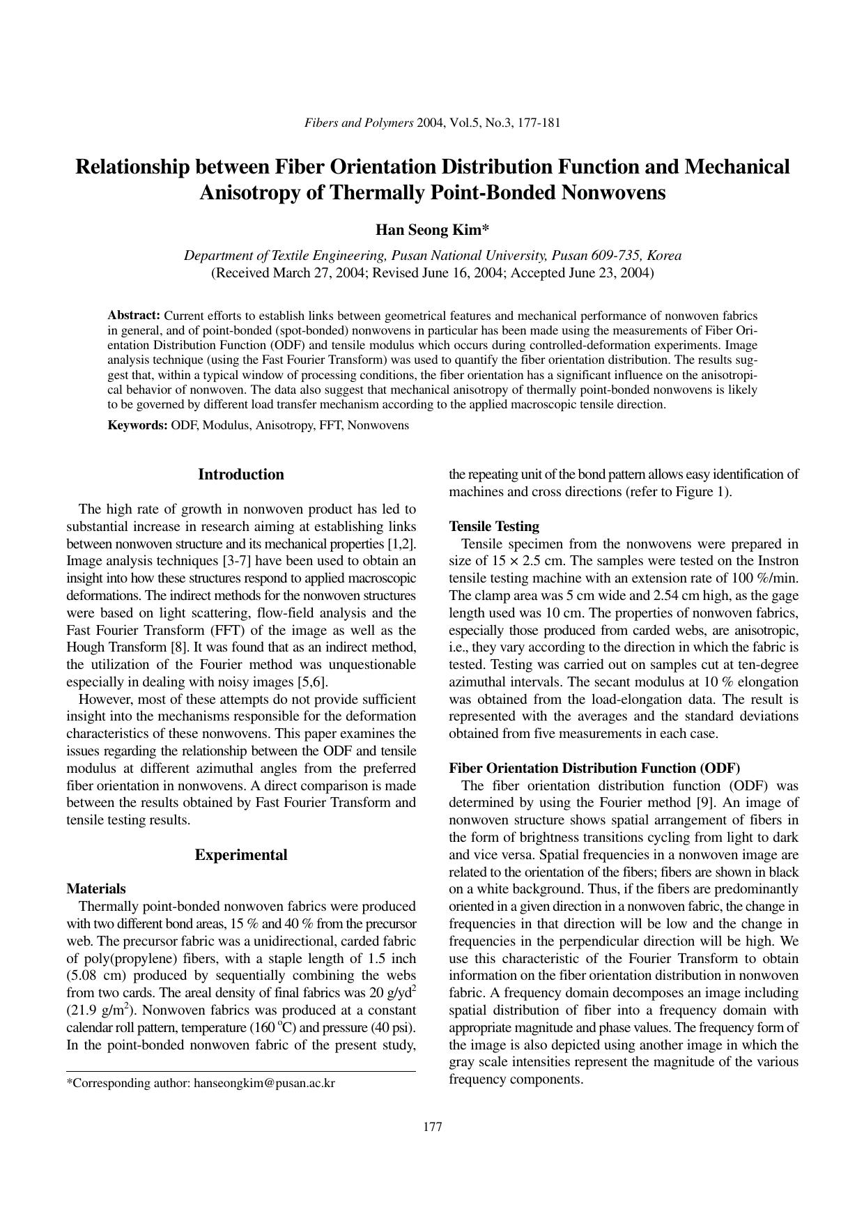 Relationship between fiber orientation distribution function and mechanical anisotropy of thermally point-bonded nonwovens by Unknown