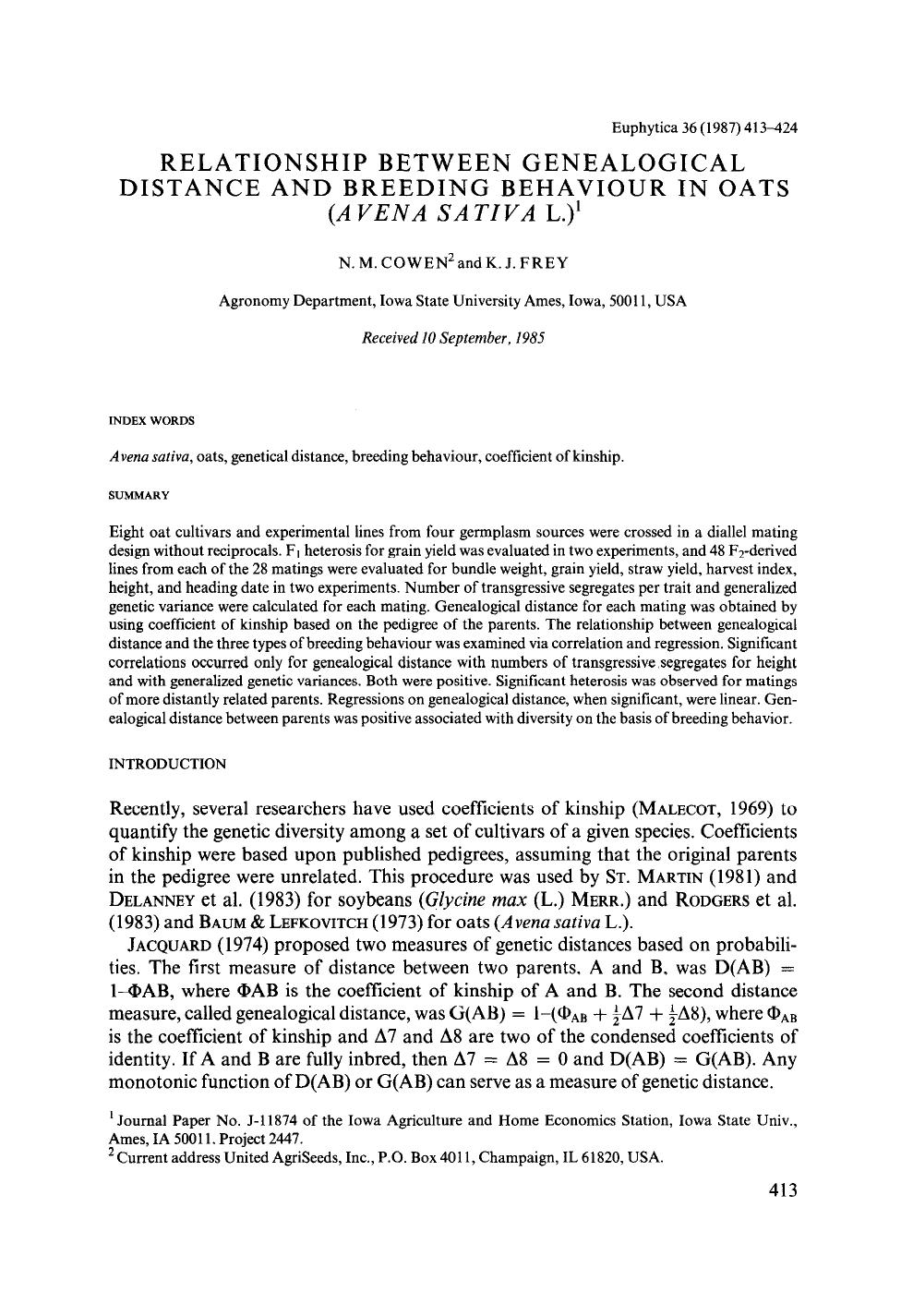 Relationship between genealogical distance and breeding behaviour in oats (<Emphasis Type="Italic">Avena sativa<Emphasis> L.) by Unknown