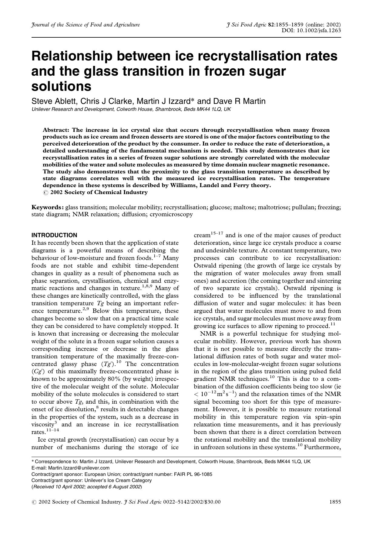 Relationship between ice recrystallisation rates and the glass transition in frozen sugar solutions by Unknown