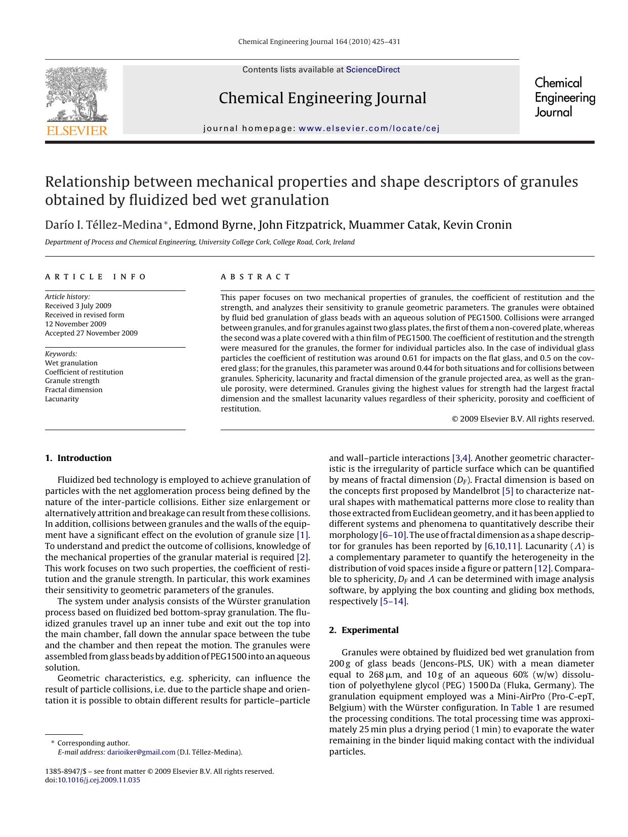 Relationship between mechanical properties and shape descriptors of granules obtained by fluidized bed wet granulation by DarÃ­o I. TÃ©llez-Medina