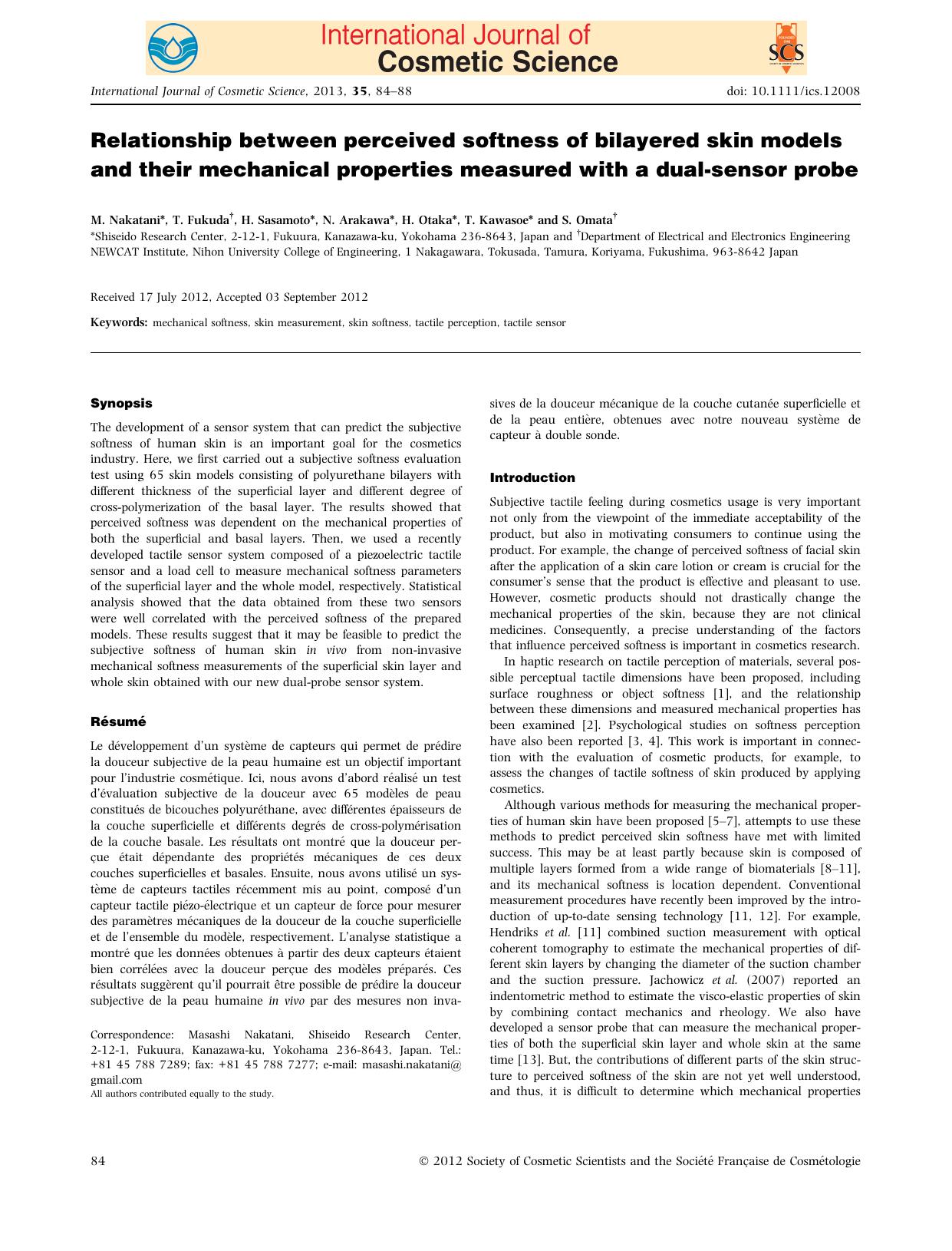 Relationship between perceived softness of bilayered skin models and their mechanical properties measured with a dualsensor probe by Unknown