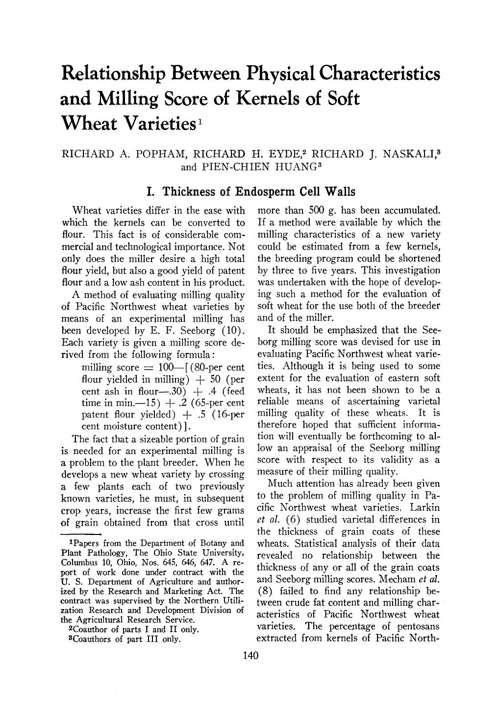Relationship between physical characteristics and milling score of kernels of soft Wheat Varieties by Unknown