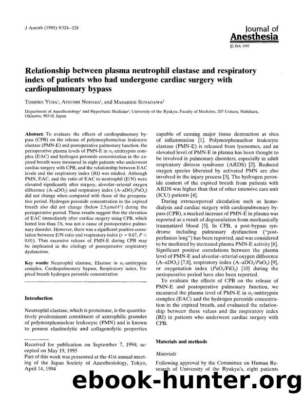 Relationship between plasma neutrophil elastase and respiratory index of patients who had undergone cardiac surgery with cardiopulmonary bypass by Unknown