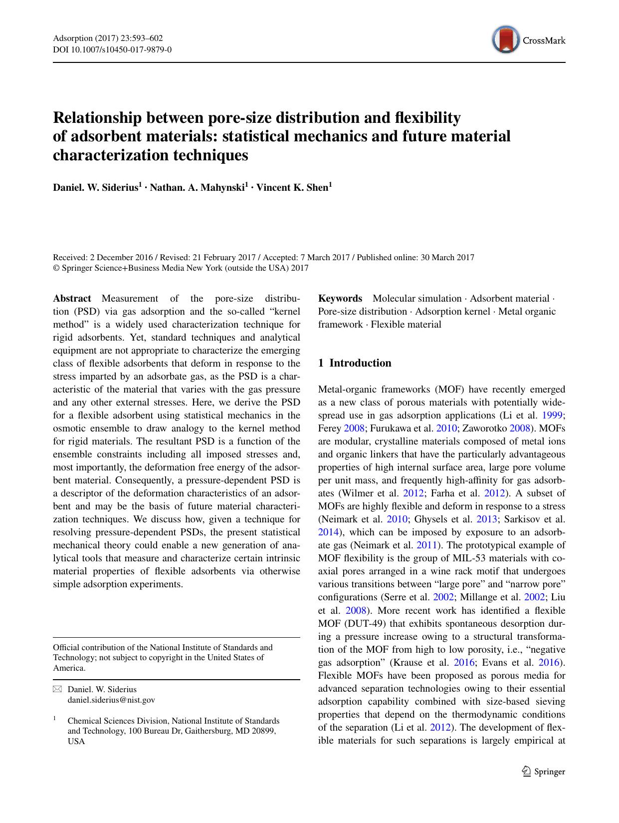 Relationship between pore-size distribution and flexibility of adsorbent materials: statistical mechanics and future material characterization techniques by Daniel. W. Siderius