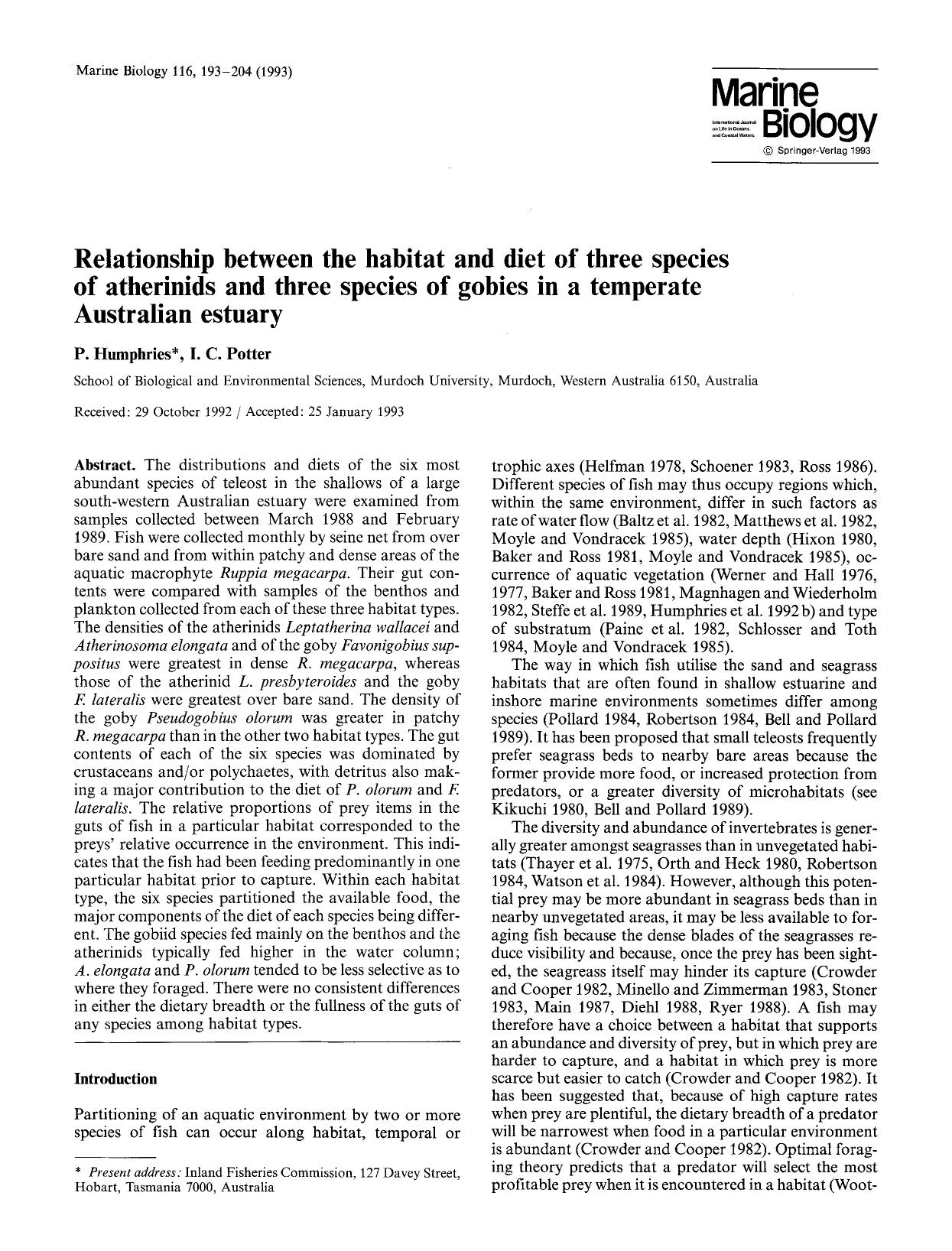 Relationship between the habitat and diet of three species of atherinids and three species of gobies in a temperate Australian estuary by Unknown