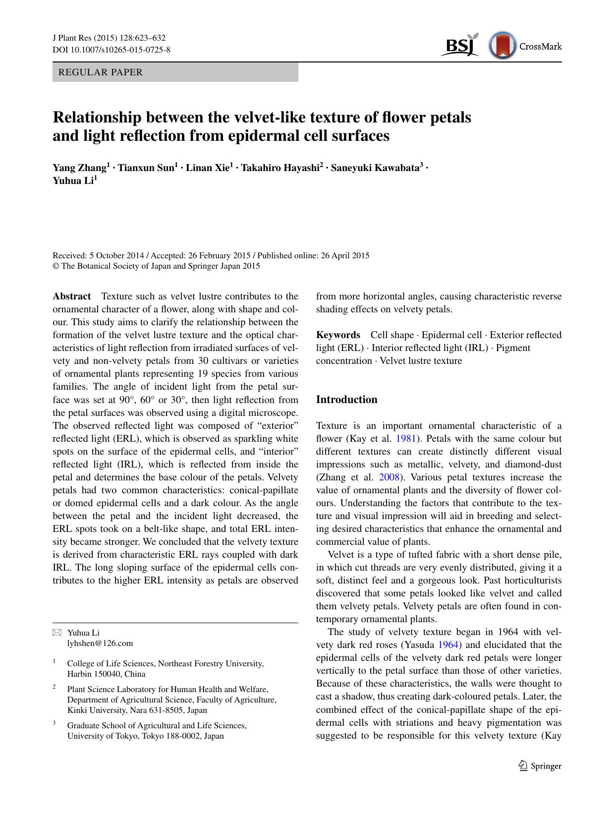 Relationship between the velvet-like texture of flower petals and light reflection from epidermal cell surfaces by Yang Zhang & Tianxun Sun & Linan Xie & Takahiro Hayashi & Saneyuki Kawabata & Yuhua Li