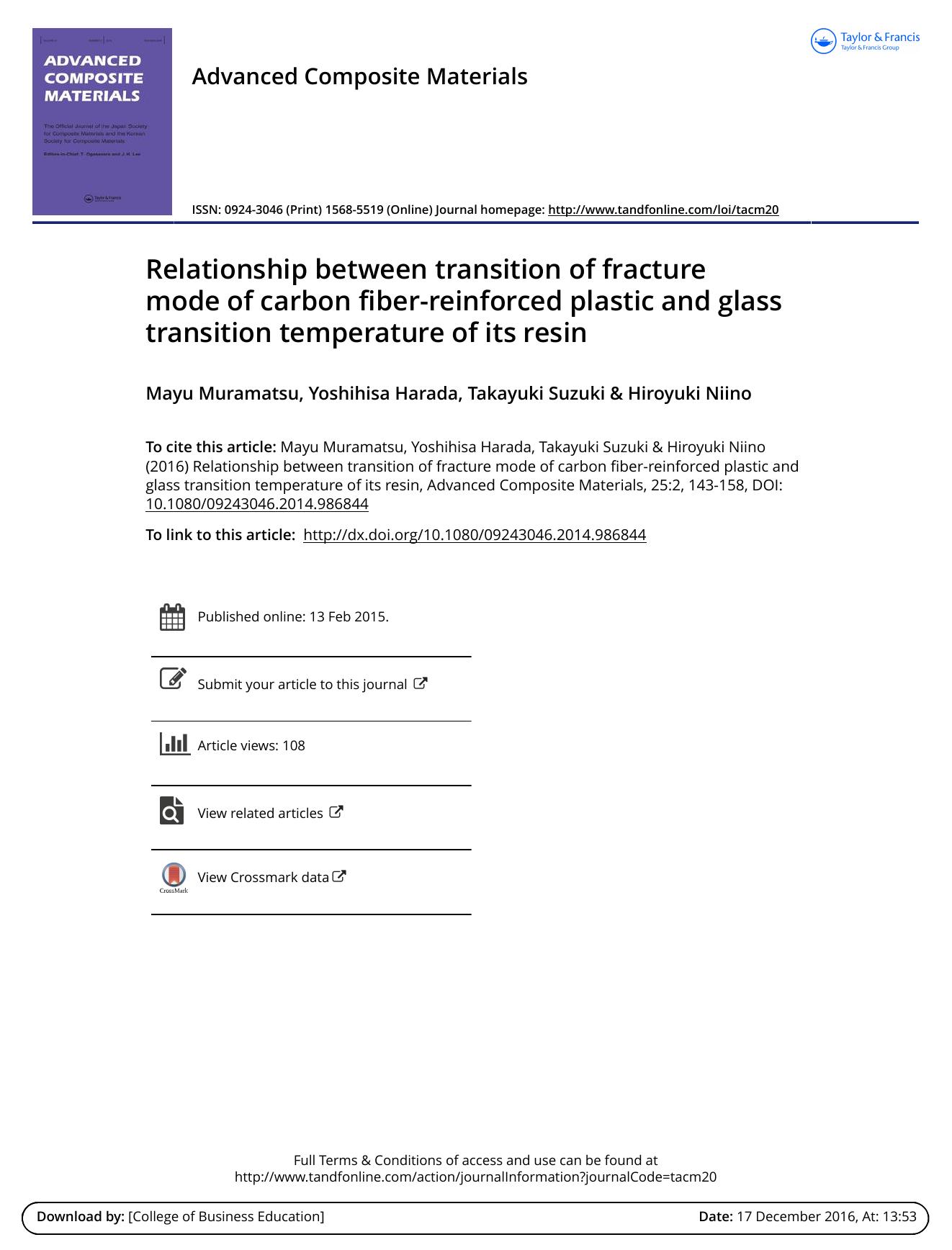 Relationship between transition of fracture mode of carbon fiber-reinforced plastic and glass transition temperature of its resin by Mayu Muramatsu & Yoshihisa Harada & Takayuki Suzuki & Hiroyuki Niino