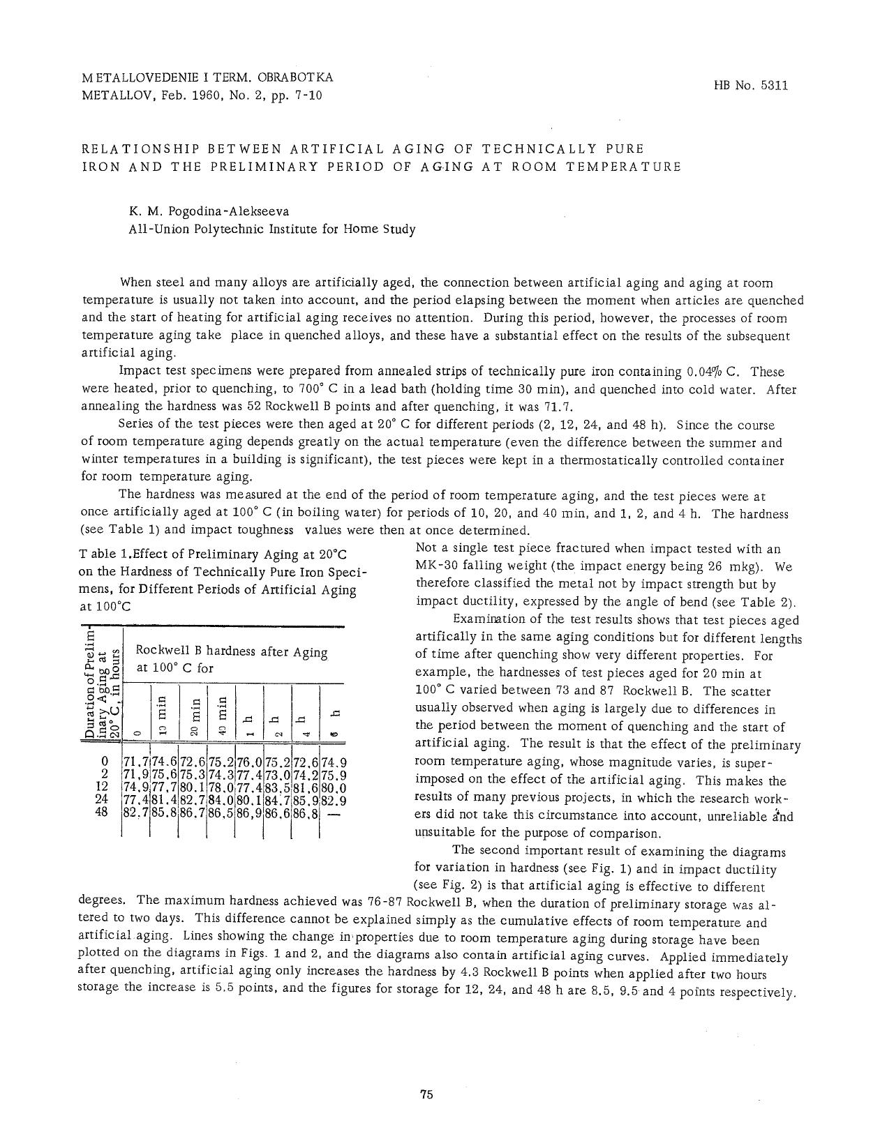Relationship betwen artificial aging of technically pure iron and the preliminary period of aging at room temperature by Unknown
