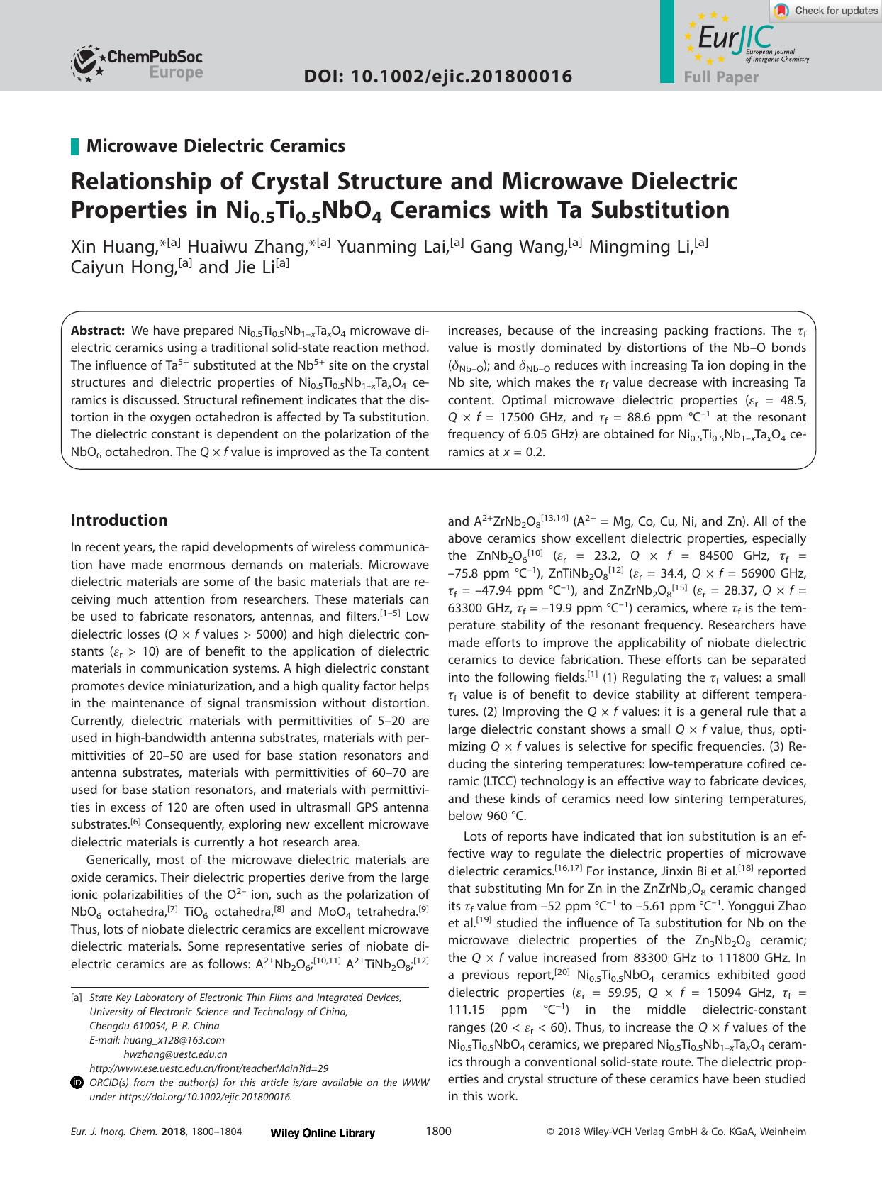 Relationship of Crystal Structure and Microwave Dielectric Properties in Ni0.5Ti0.5NbO4 Ceramics with Ta Substitution by Unknown
