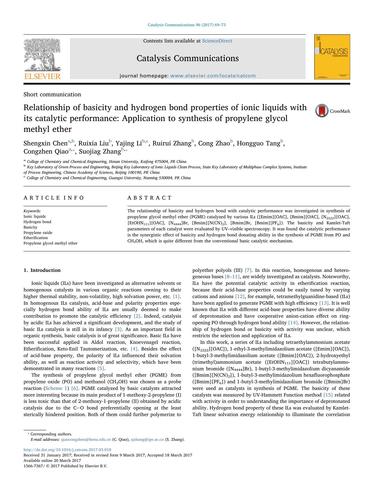 Relationship of basicity and hydrogen bond properties of ionic liquids with its catalytic performance_ Application to synthesis of propylene glycol methyl ether by unknow