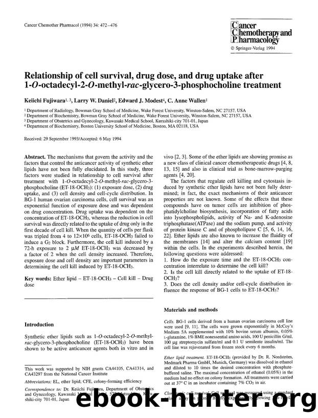 Relationship of cell survival, drug dose, and drug uptake after 1- <Emphasis Type="Italic">O <Emphasis>-octadecyl-2- <Emphasis Type="Italic">O <Emphasis>-methyl- <Emphasis Type="It by Unknown