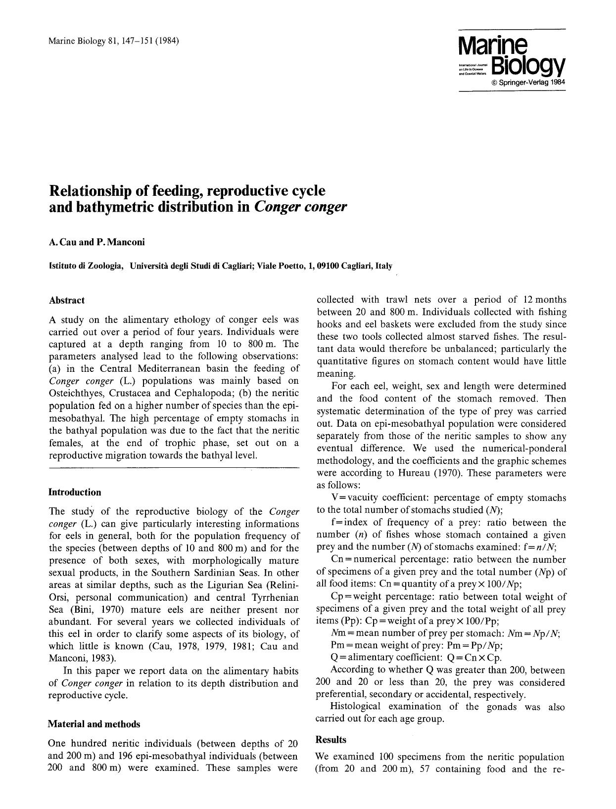 Relationship of feeding, reproductive cycle and bathymetric distribution in <Emphasis Type="Italic">Conger conger<Emphasis> by Unknown