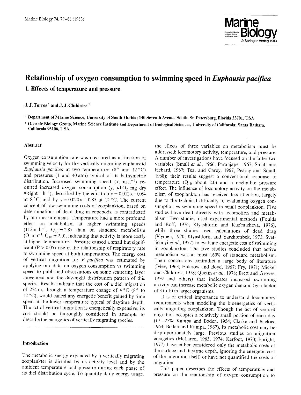 Relationship of oxygen consumption to swimming speed in <Emphasis Type="Italic">Euphausia pacifica<Emphasis> by Unknown