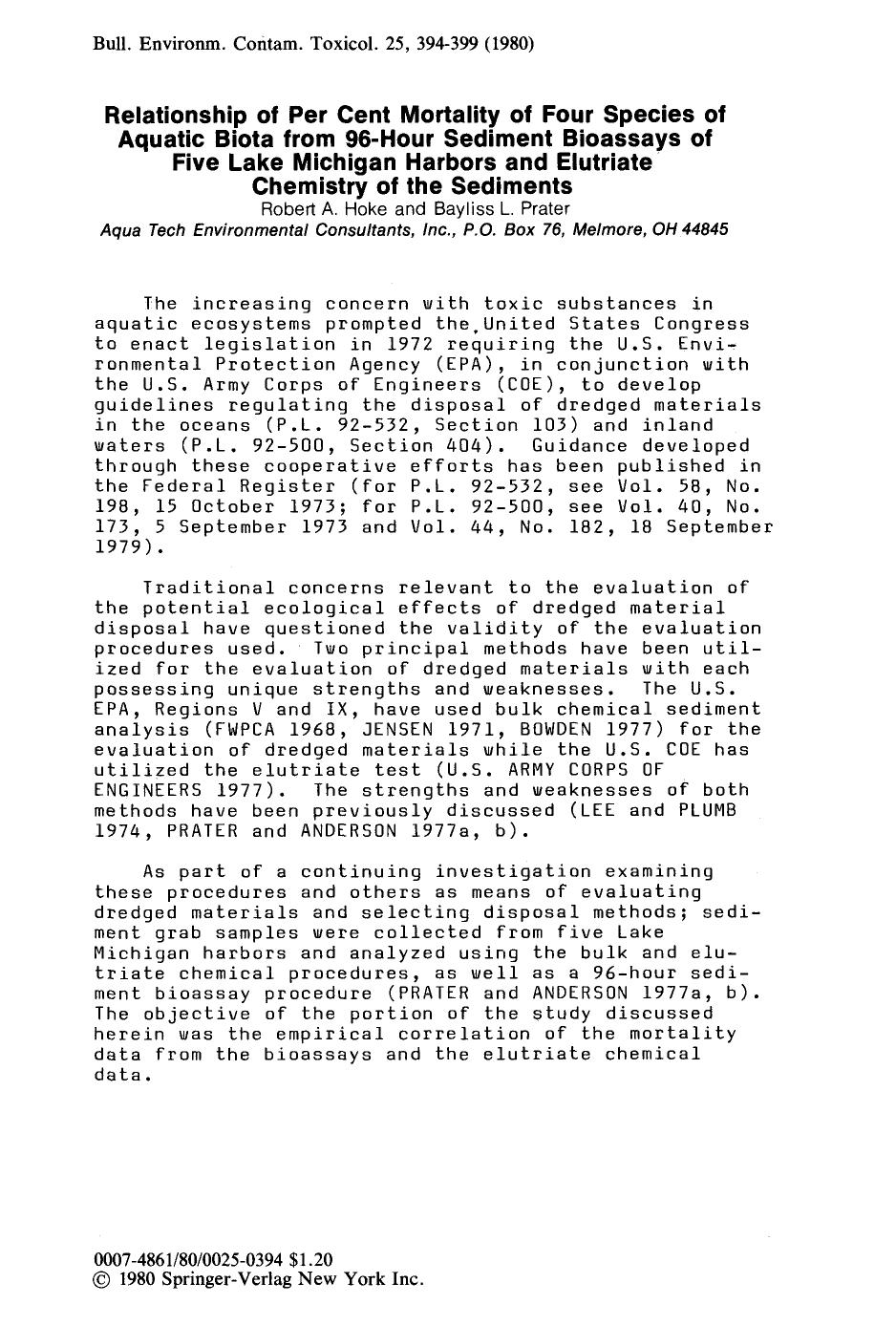 Relationship of per cent mortality of four species of aquatic biota from 96-hour sediment bioassays of five lake Michigan harbors and elutriate chemistry of the sediments by Unknown