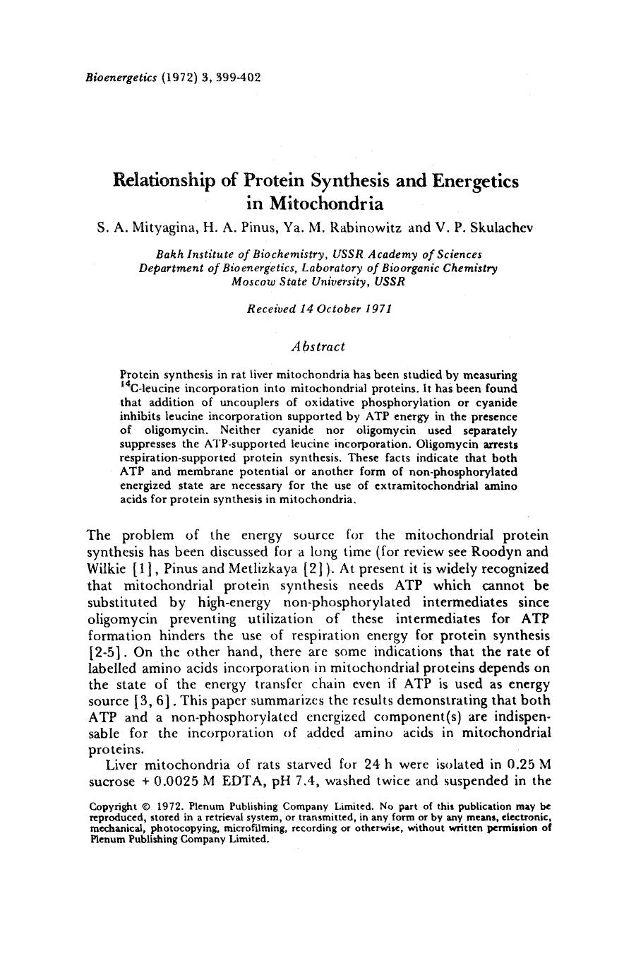 Relationship of protein synthesis and energetics in mitochondria by Unknown
