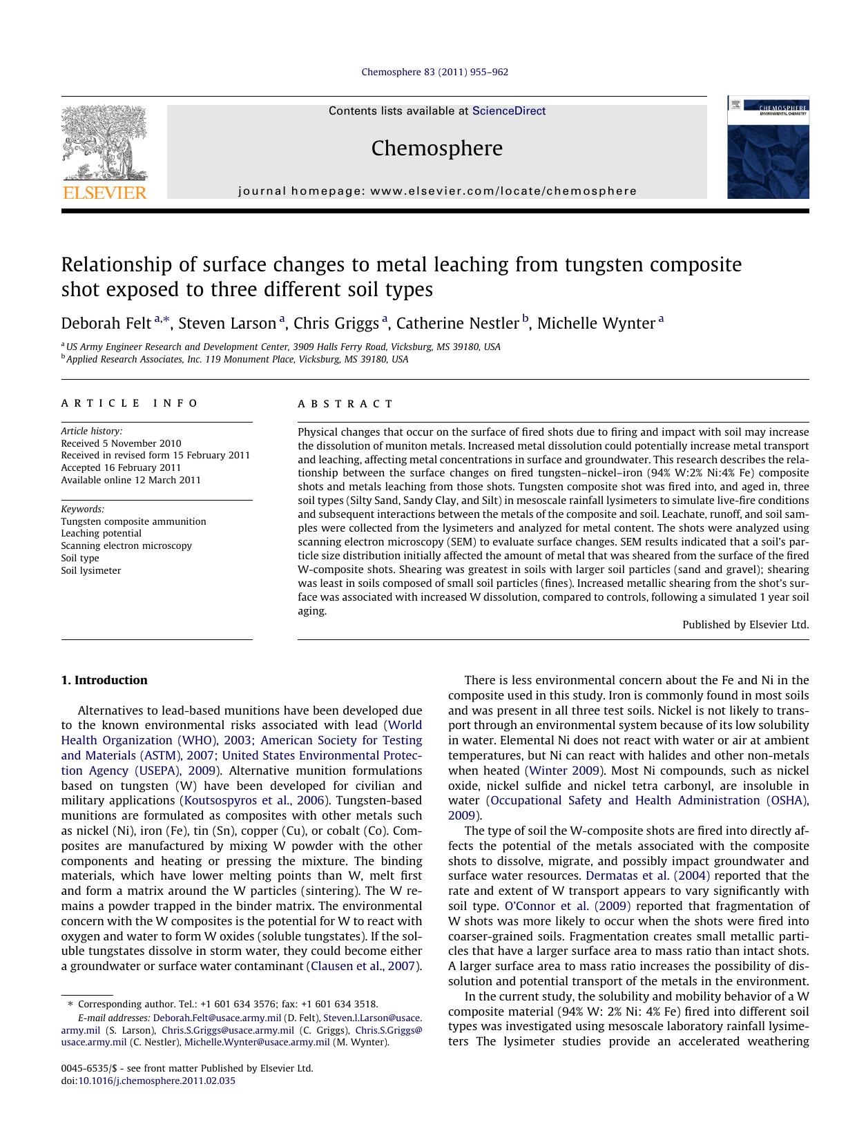Relationship of surface changes to metal leaching from tungsten composite shot exposed to three different soil types by Deborah Felt & Steven Larson & Chris Griggs & Catherine Nestler & Michelle Wynter