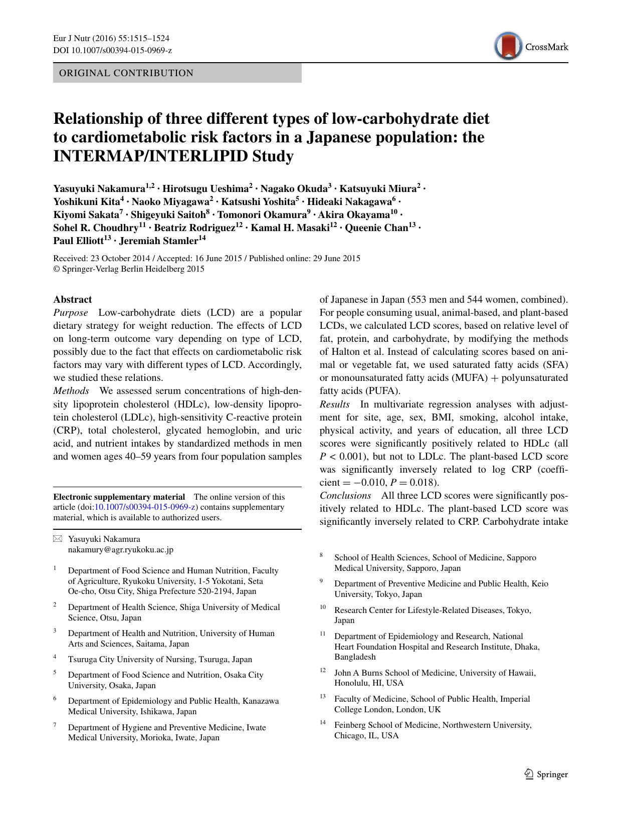 Relationship of three different types of low-carbohydrate diet to cardiometabolic risk factors in a Japanese population: the INTERMAPINTERLIPID Study by unknow