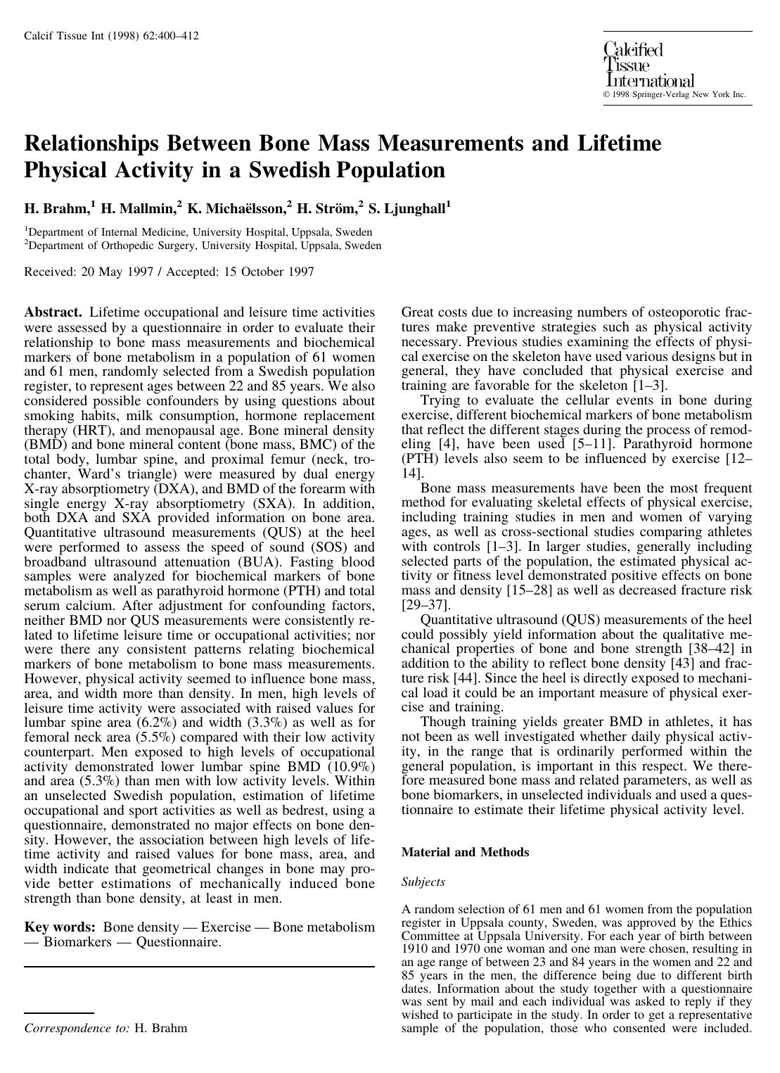 Relationships Between Bone Mass Measurements and Lifetime Physical Activity in a Swedish Population by Brahm H. et al