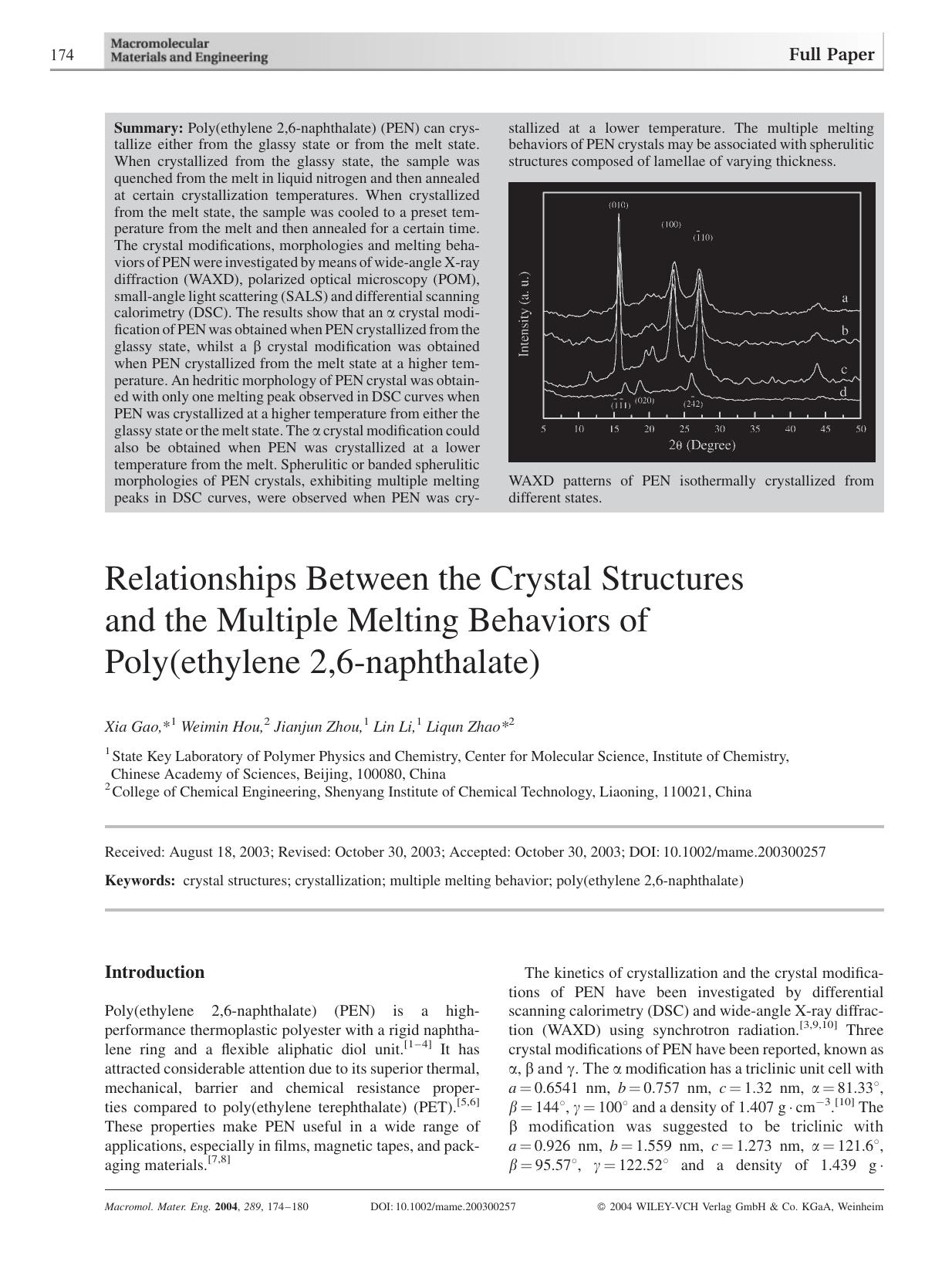 Relationships Between the Crystal Structures and the Multiple Melting Behaviors of Poly(ethylene 2,6-naphthalate) by Unknown