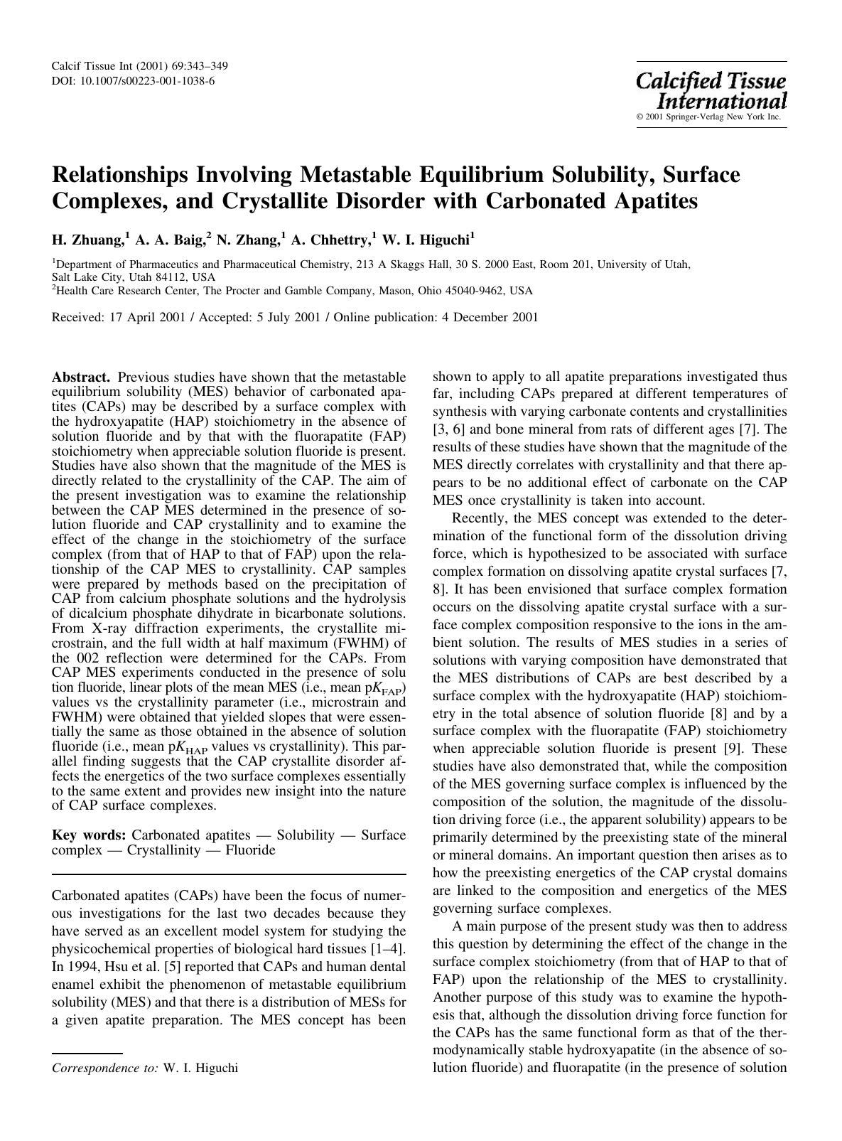Relationships Involving Metastable Equilibrium Solubility, Surface Complexes, and Crystallite Disorder with Carbonated Apatites by Zhuang H. et al